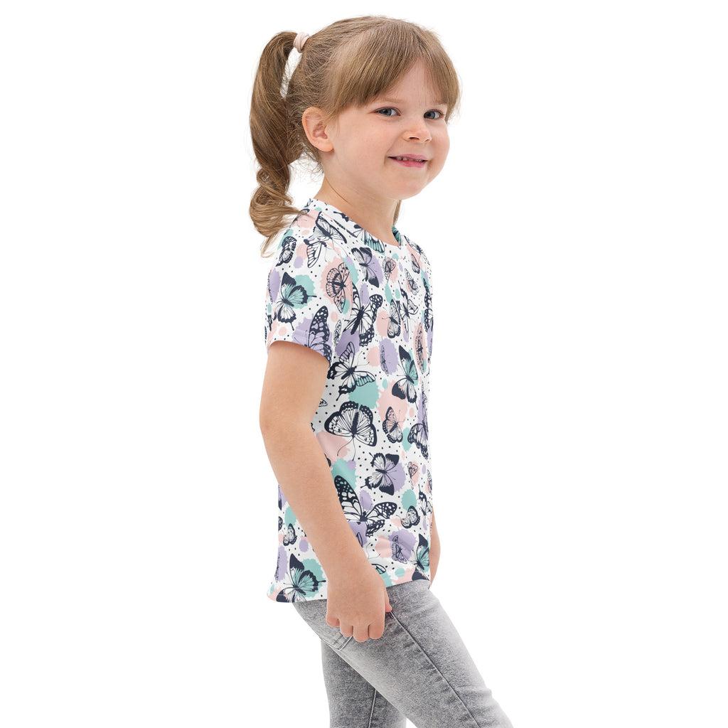 Kids pastel butterfly garden cotton t-shirt featuring short sleeves and a playful pastel butterfly pattern on white
