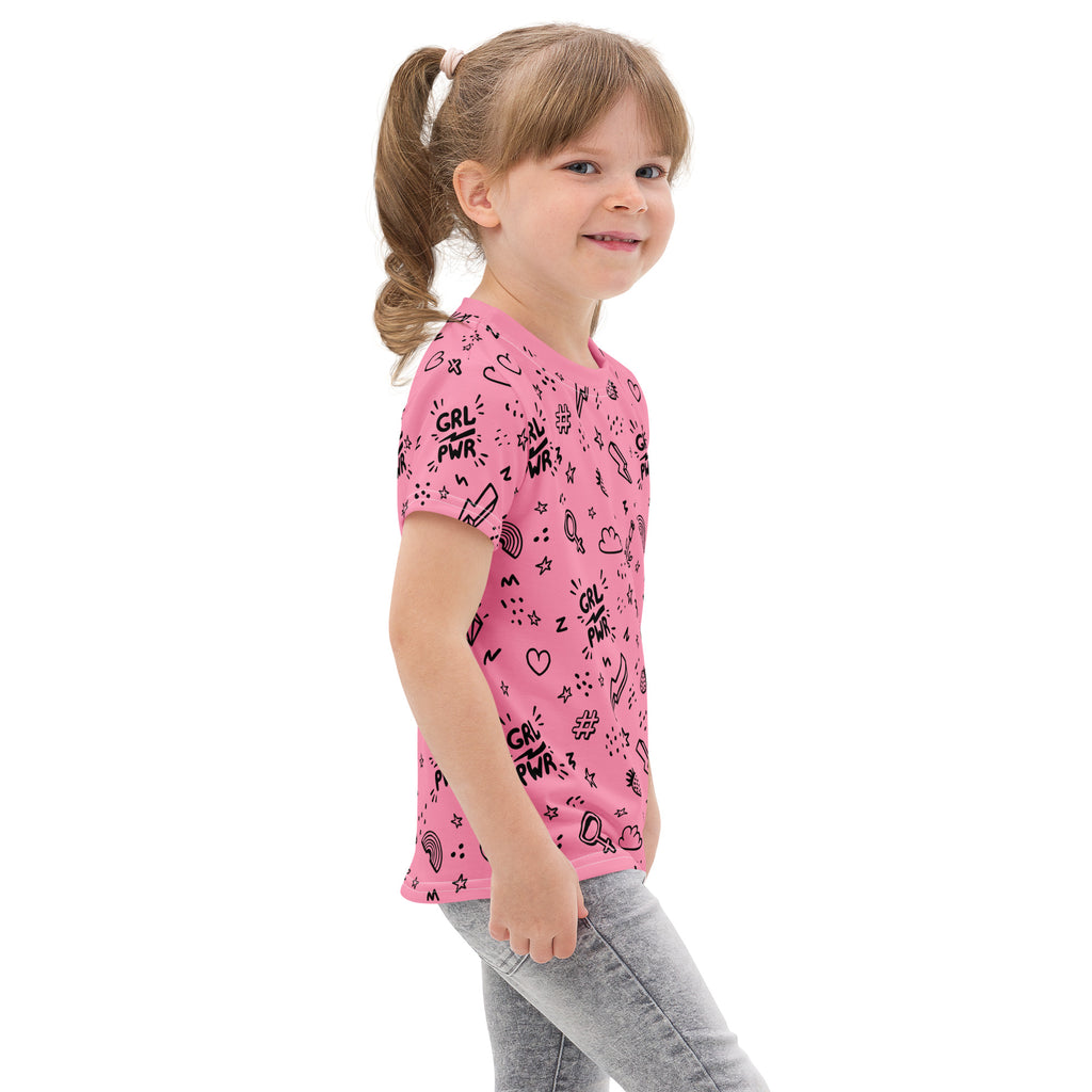 Pink cotton short-sleeved t-shirt with black grl pwr graphics and doodle-style icons for girl power style