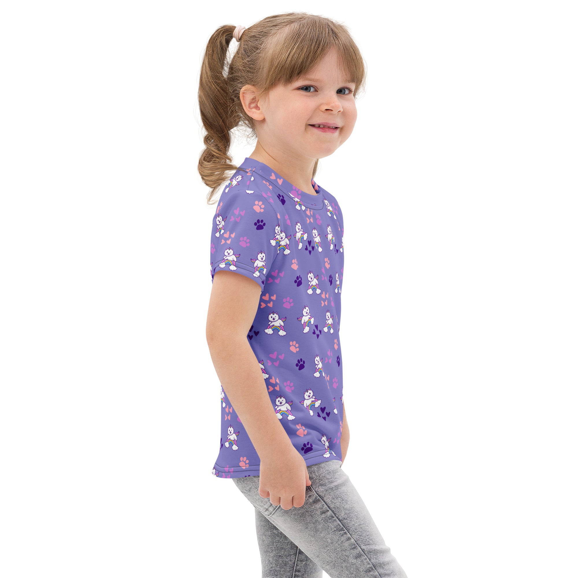 Girls purple caticorn cotton t-shirt with short sleeves featuring white cartoon dogs and pink purple paw prints pattern