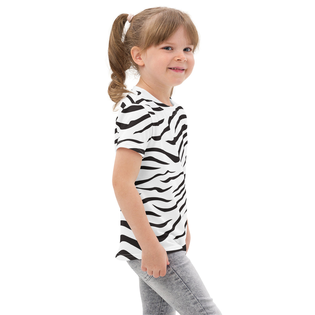 Kids zebra print cotton t-shirt featuring bold black and white zebra stripe pattern in short sleeves