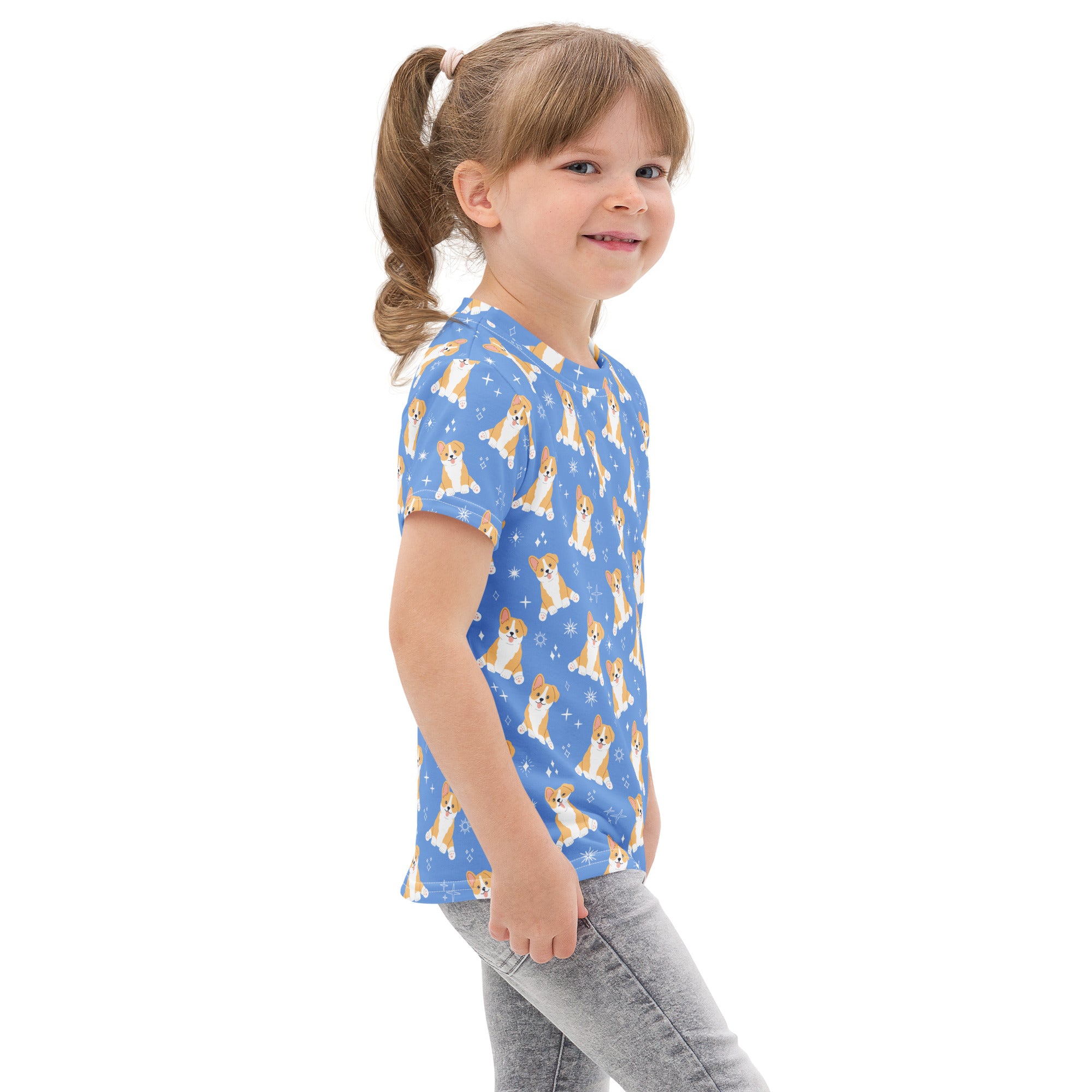 Kids Blue Corgi Dog Cotton T-Shirt