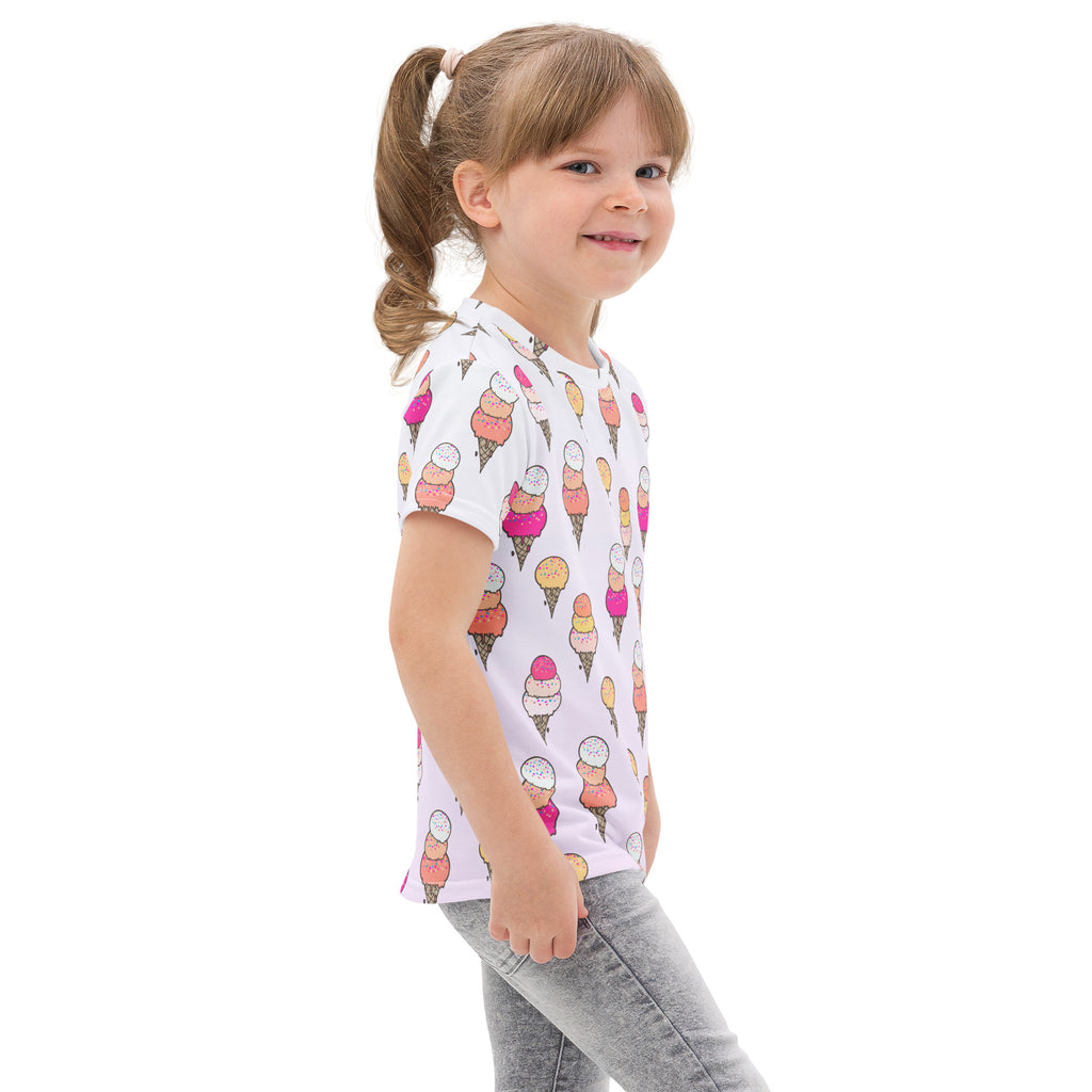 White kids short-sleeved cotton t-shirt with colorful cartoon ice cream cone pattern in pink orange and yellow