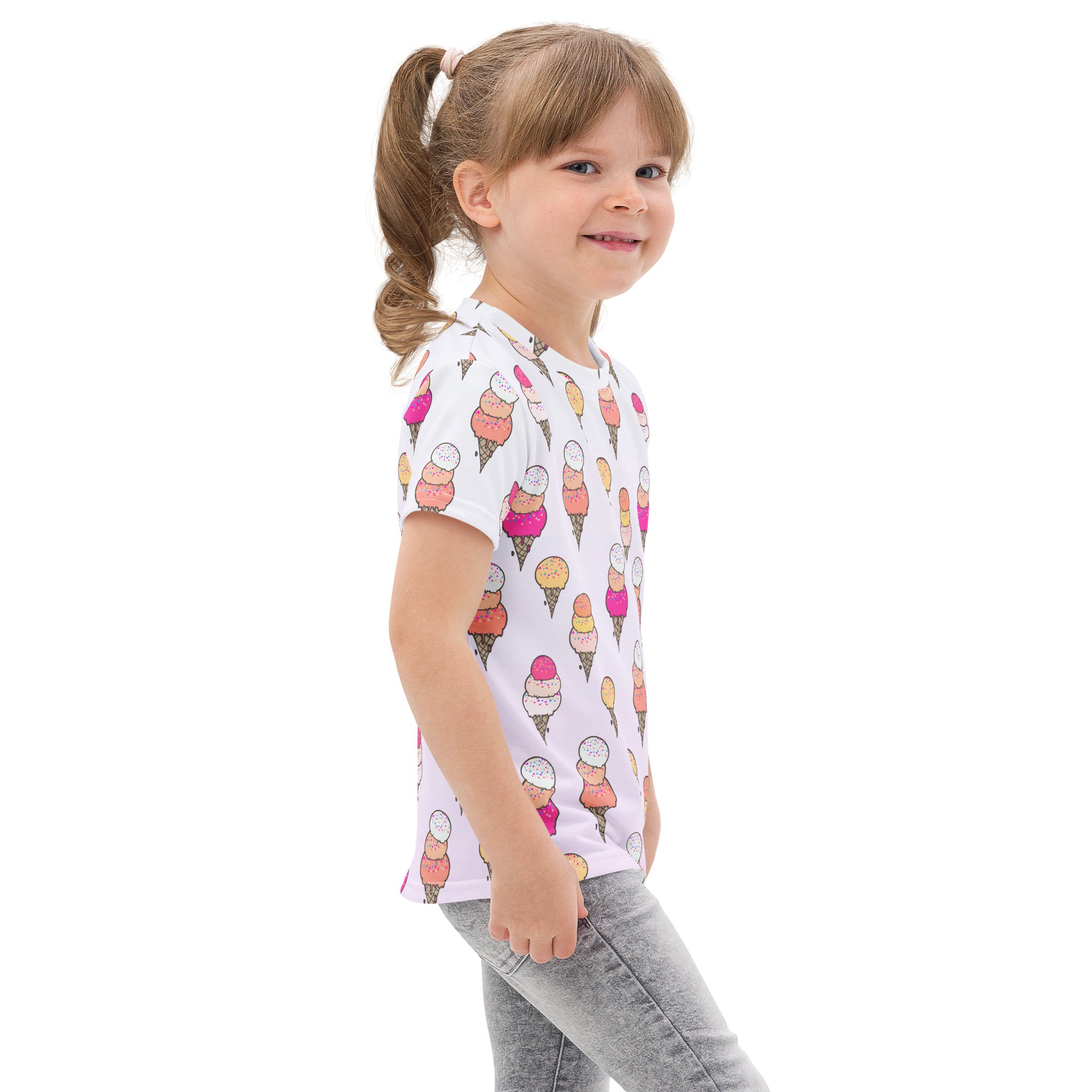 White kids short-sleeved cotton t-shirt with colorful cartoon ice cream cone pattern in pink orange and yellow