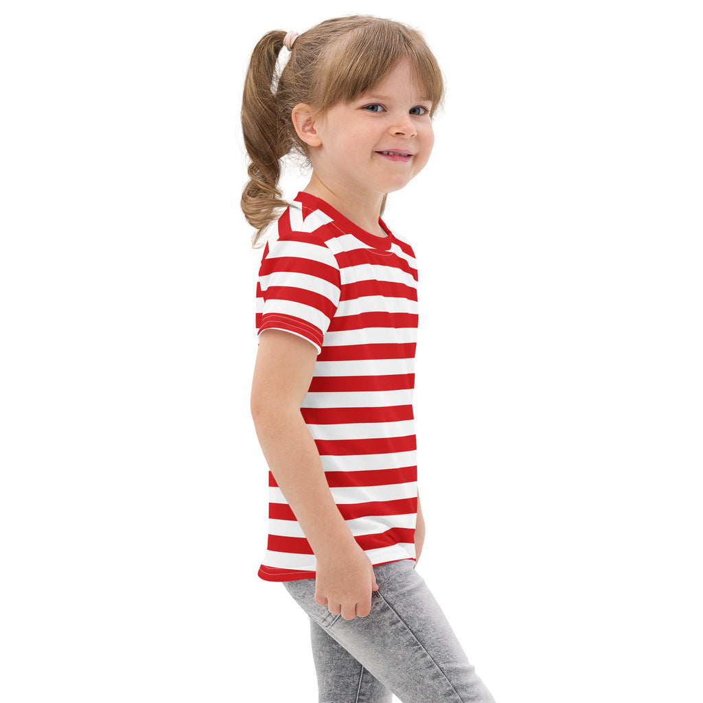 Kids red and white striped cotton t-shirt with short sleeves and horizontal stripes perfect for everyday wear