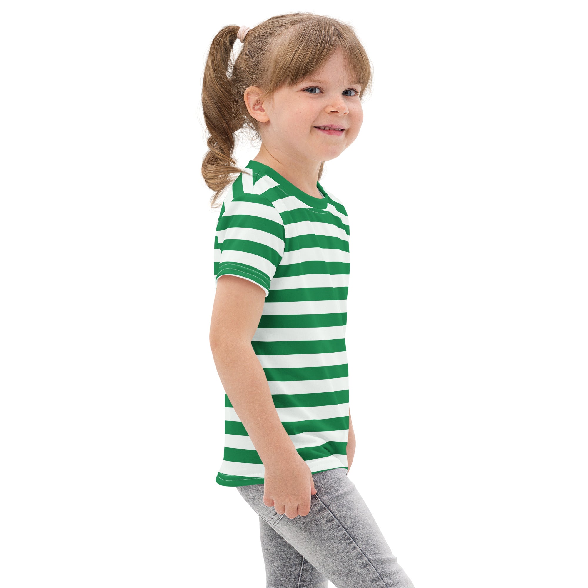 Kids green and white striped cotton t-shirt with short sleeves for casual wear