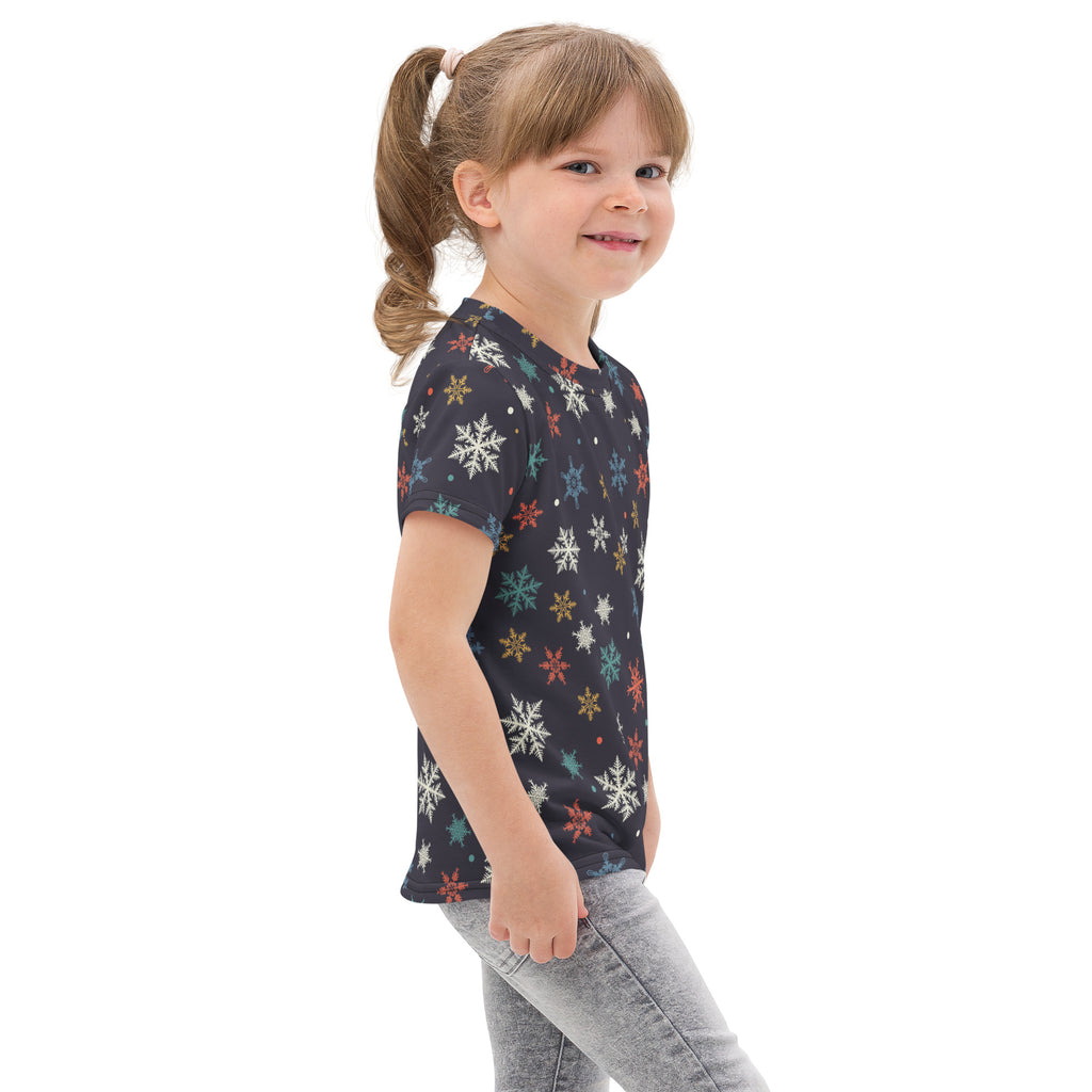 Dark blue kids cotton t-shirt with colorful snowflake pattern in white teal gold and red short sleeves
