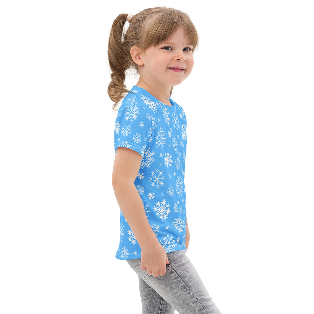 Kids blue cotton short-sleeved t-shirt with white snowflake pattern perfect for winter wear