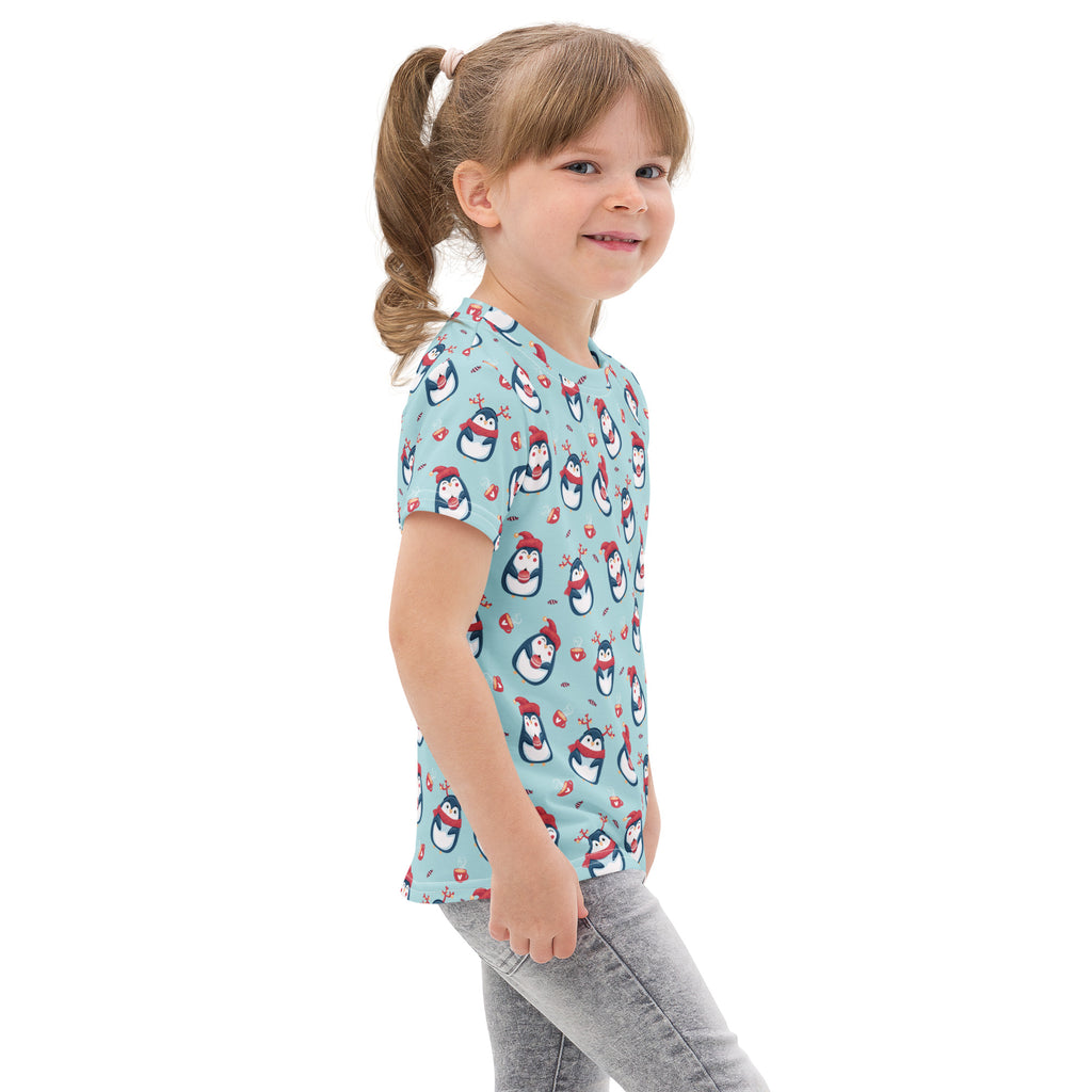 Kids reindeer penguin christmas cotton t-shirt in light blue with cartoon penguins wearing red hats and scarves