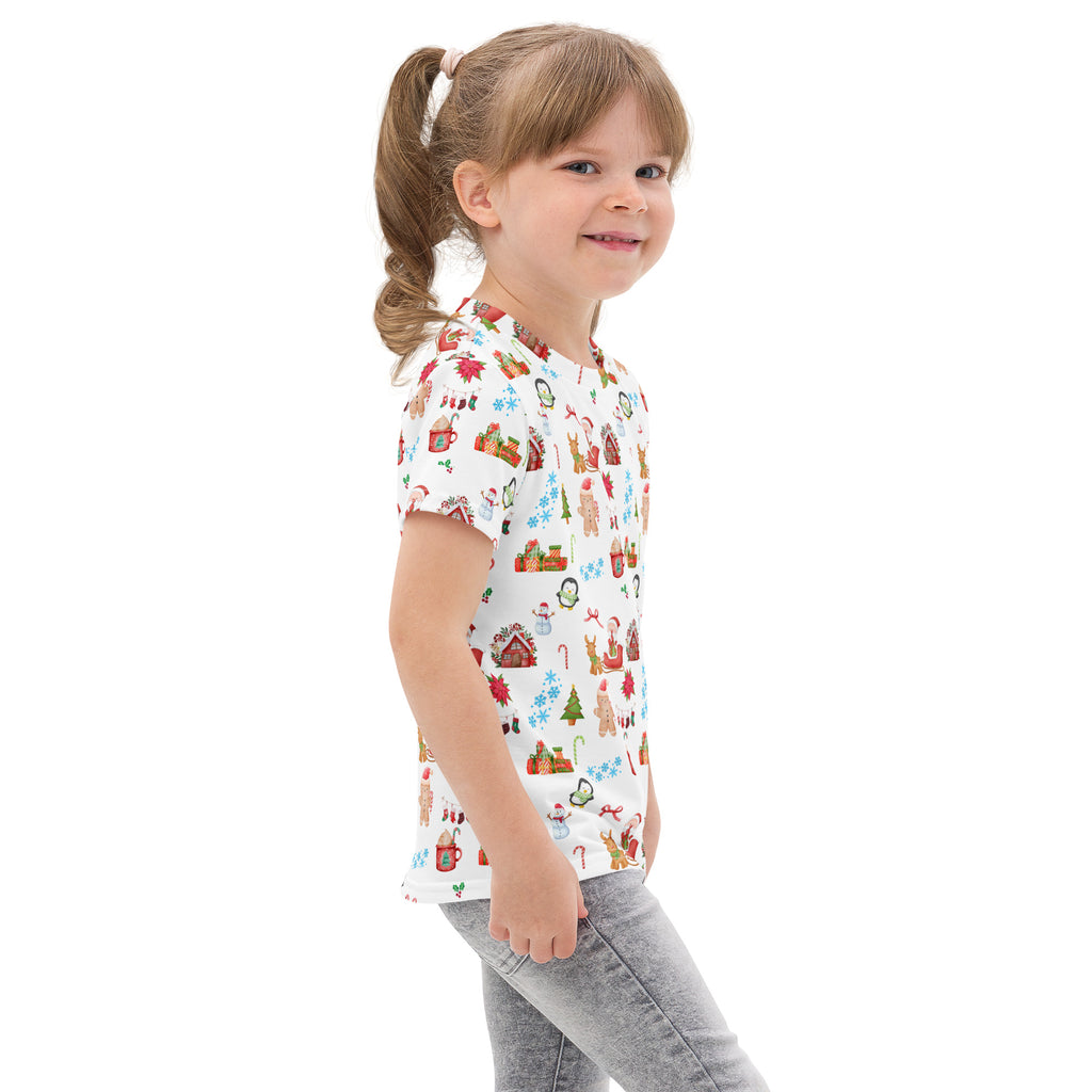 White kids Christmas cotton t-shirt with short sleeves and festive print of gingerbread houses snowmen and candy canes