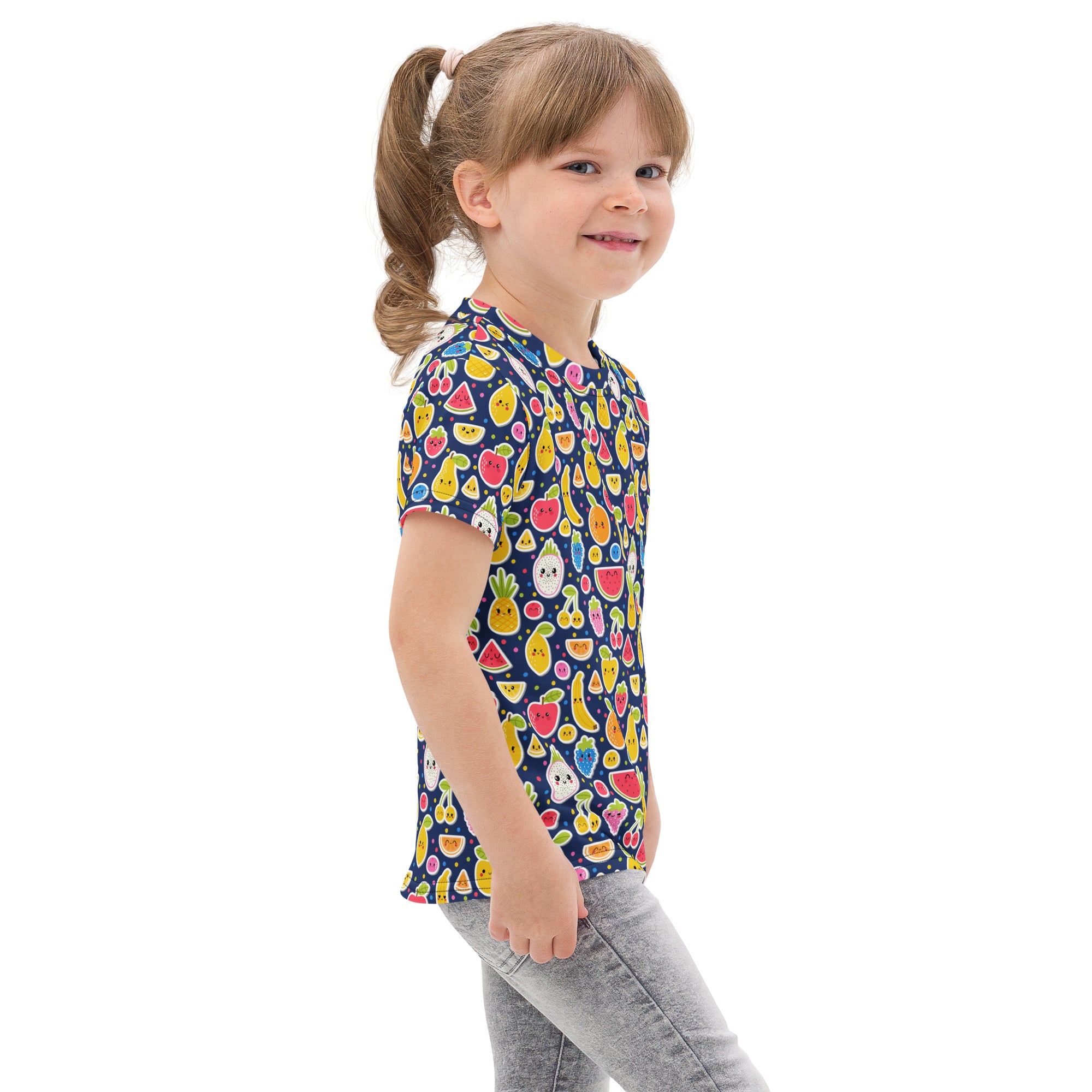 Kids emoji fruit cotton t-shirt in navy blue with playful colorful cartoon fruit pattern and short sleeves