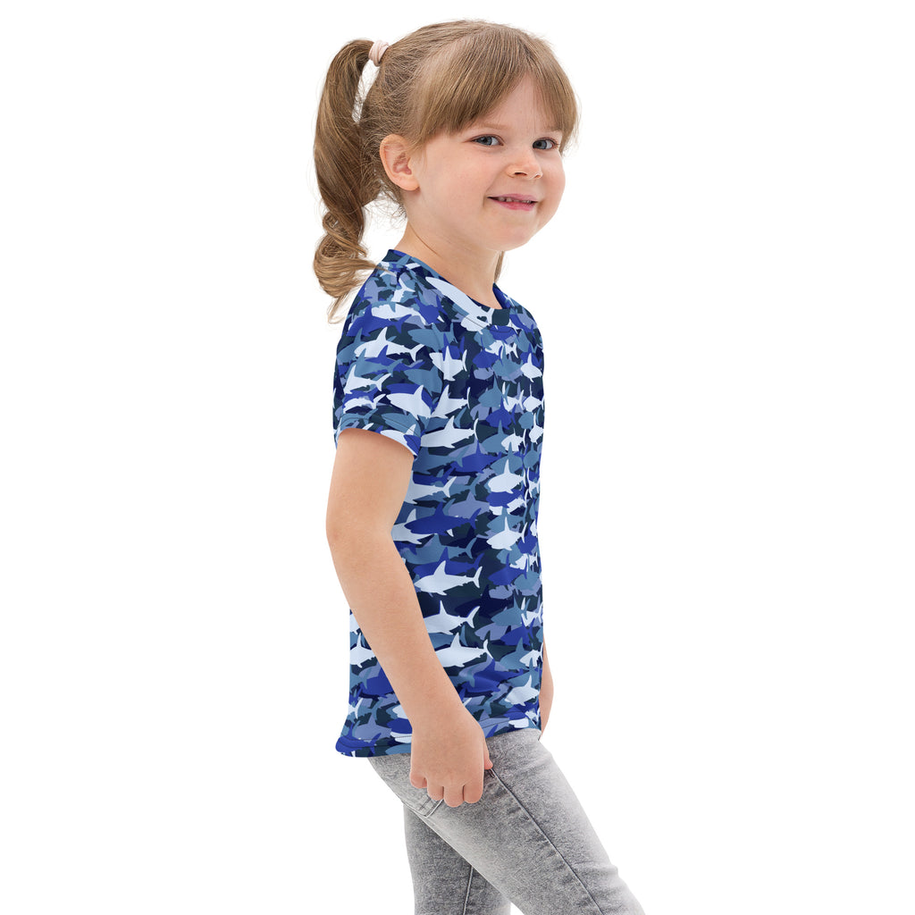 Kids blue shark camo cotton short-sleeve t-shirt with blue and white shark camouflage pattern