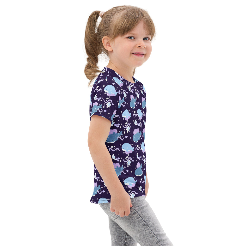 Kids purple whale shark cotton t-shirt navy blue with light blue and purple whales octopuses and bubbles pattern