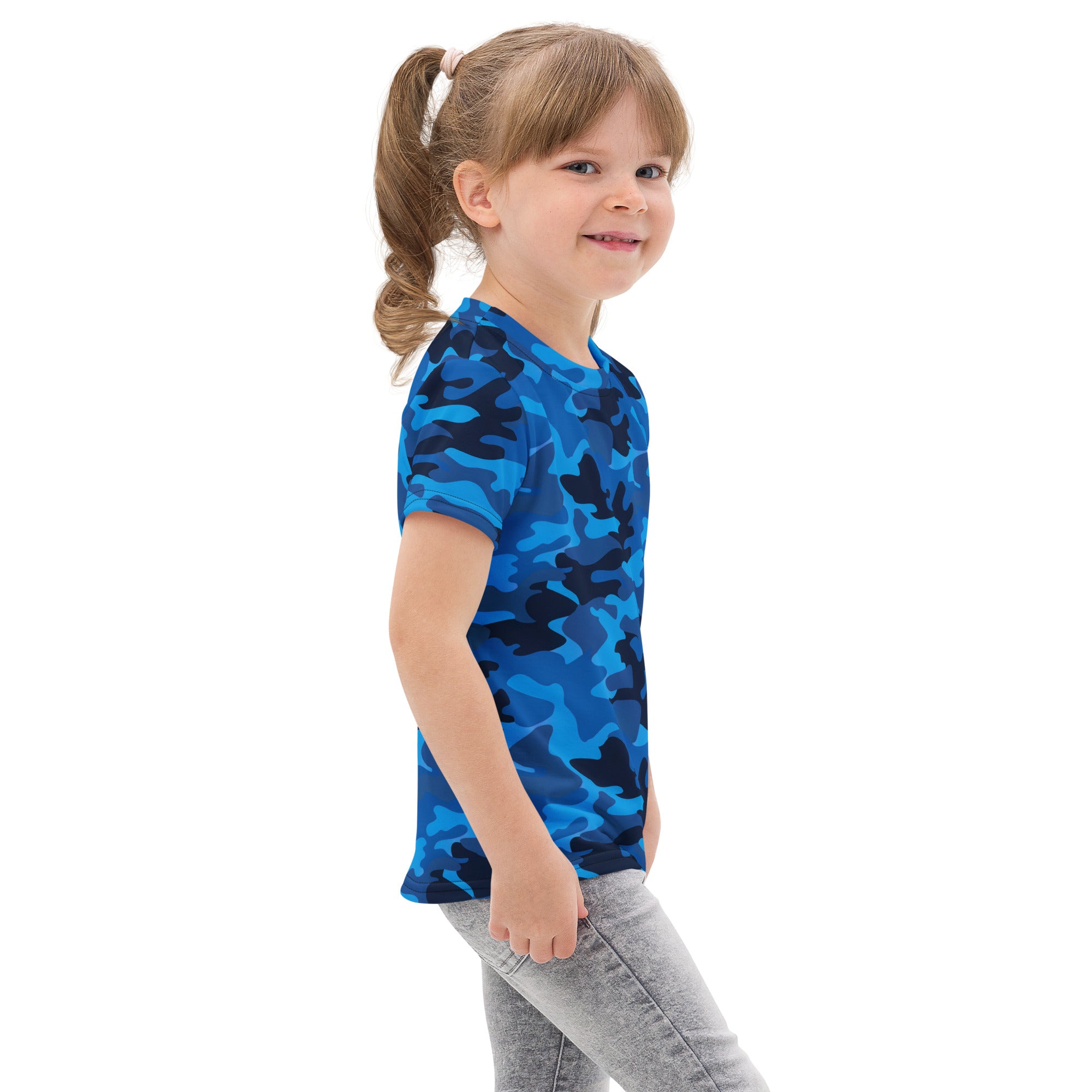 Kids blue camouflage cotton t-shirt with a classic camo pattern perfect for casual outdoor play