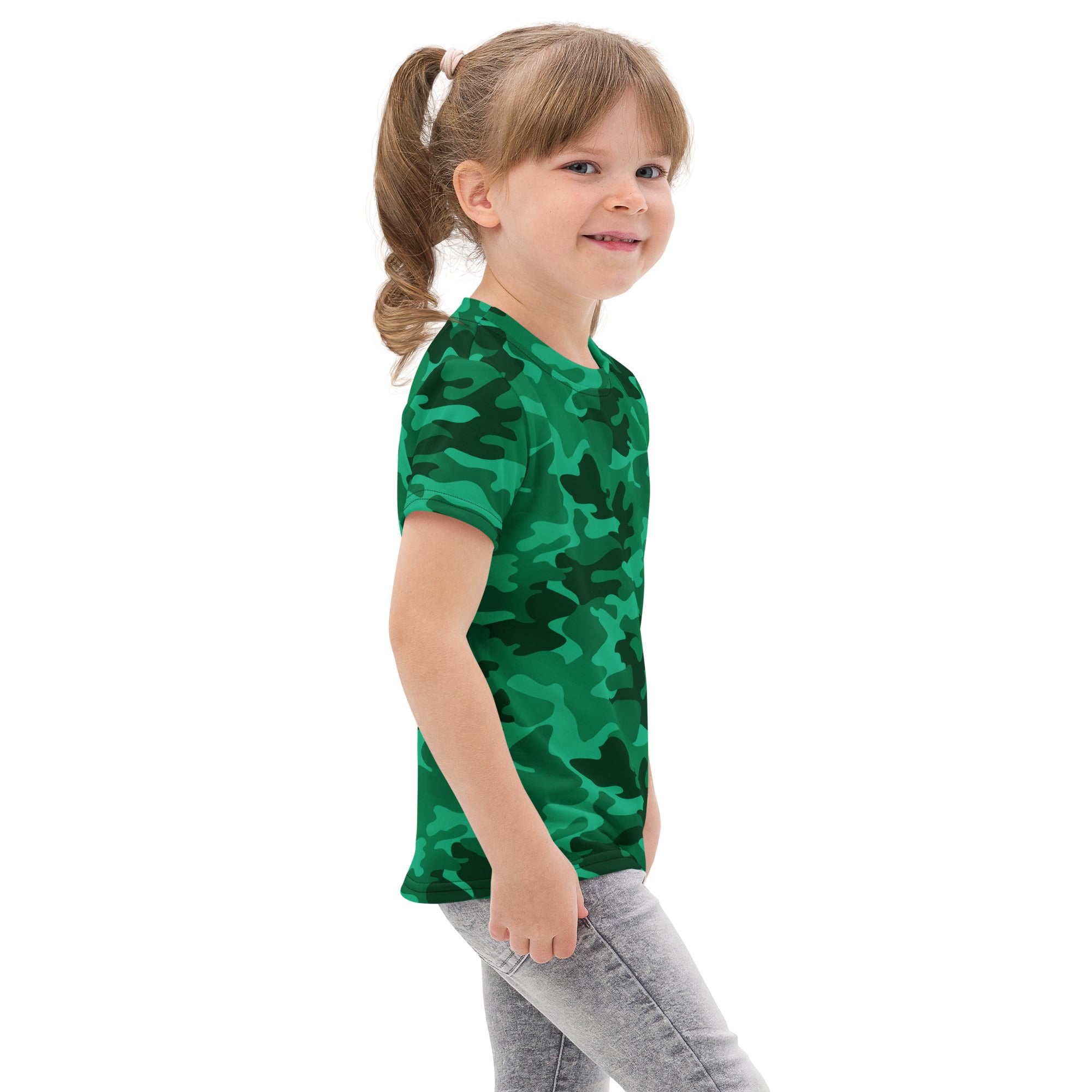 Kids green camouflage cotton t-shirt featuring a comfortable fit and durable fabric for active play
