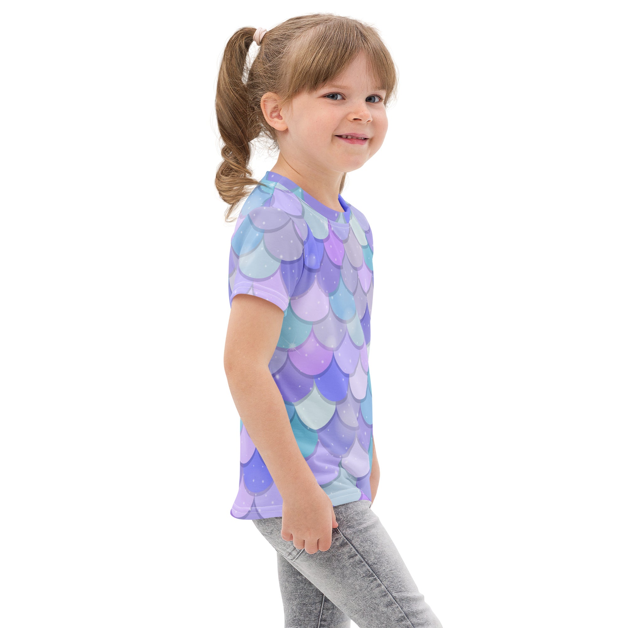 Girls purple mermaid cotton t-shirt with vibrant iridescent short-sleeved mermaid scale pattern in purple and blue