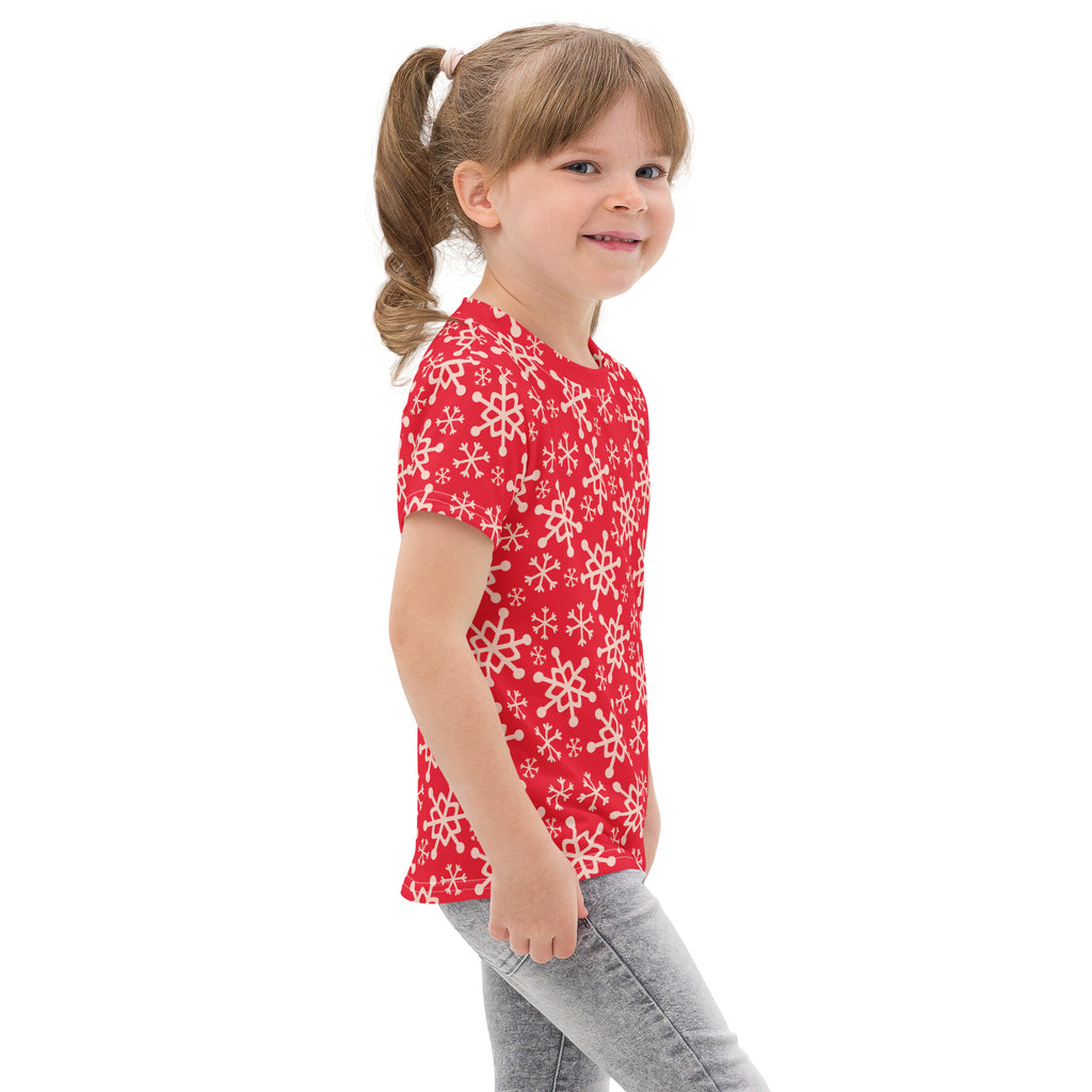 Kids red snowflakes christmas cotton t shirt with white snowflake pattern and short sleeves