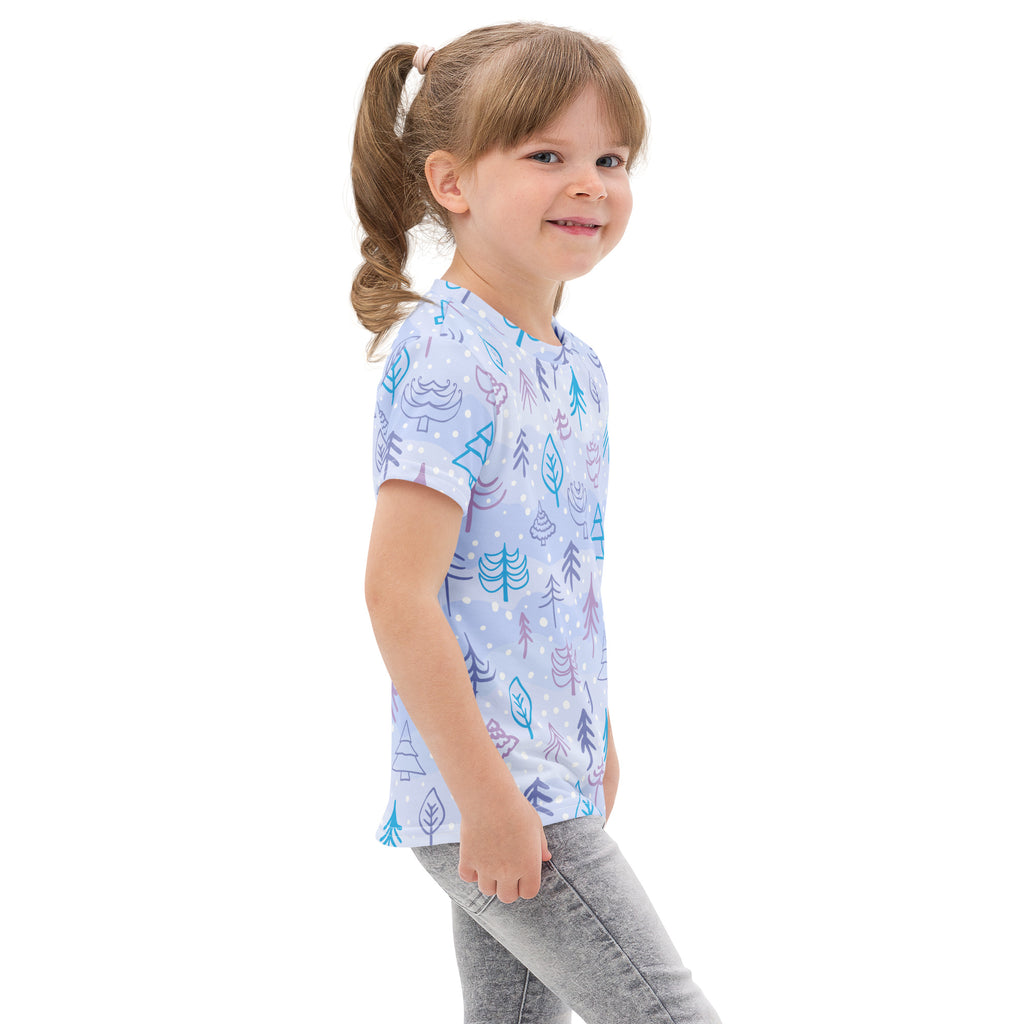 Kids winter forest cotton t-shirt light blue short-sleeved with playful teal purple and white tree and leaf pattern
