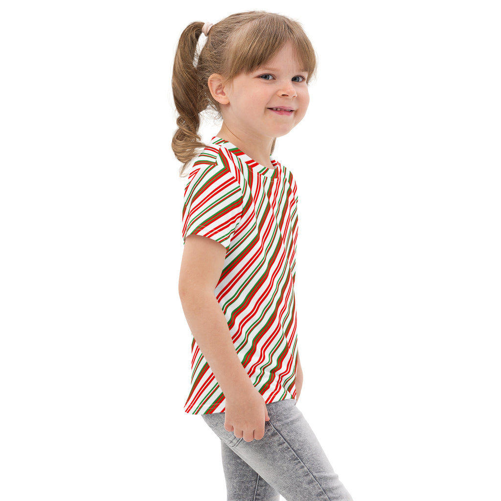 A child wearing a kids candy cane stripe cotton t-shirt with red green and white diagonal stripes