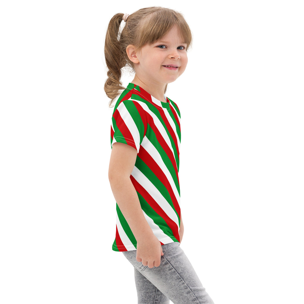 A child wearing a kids bold candy cane stripe cotton t-shirt with red green and white diagonal stripes