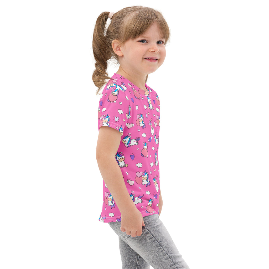 Girls unicorn hearts pink cotton t-shirt with short sleeves featuring a unicorn and hearts design