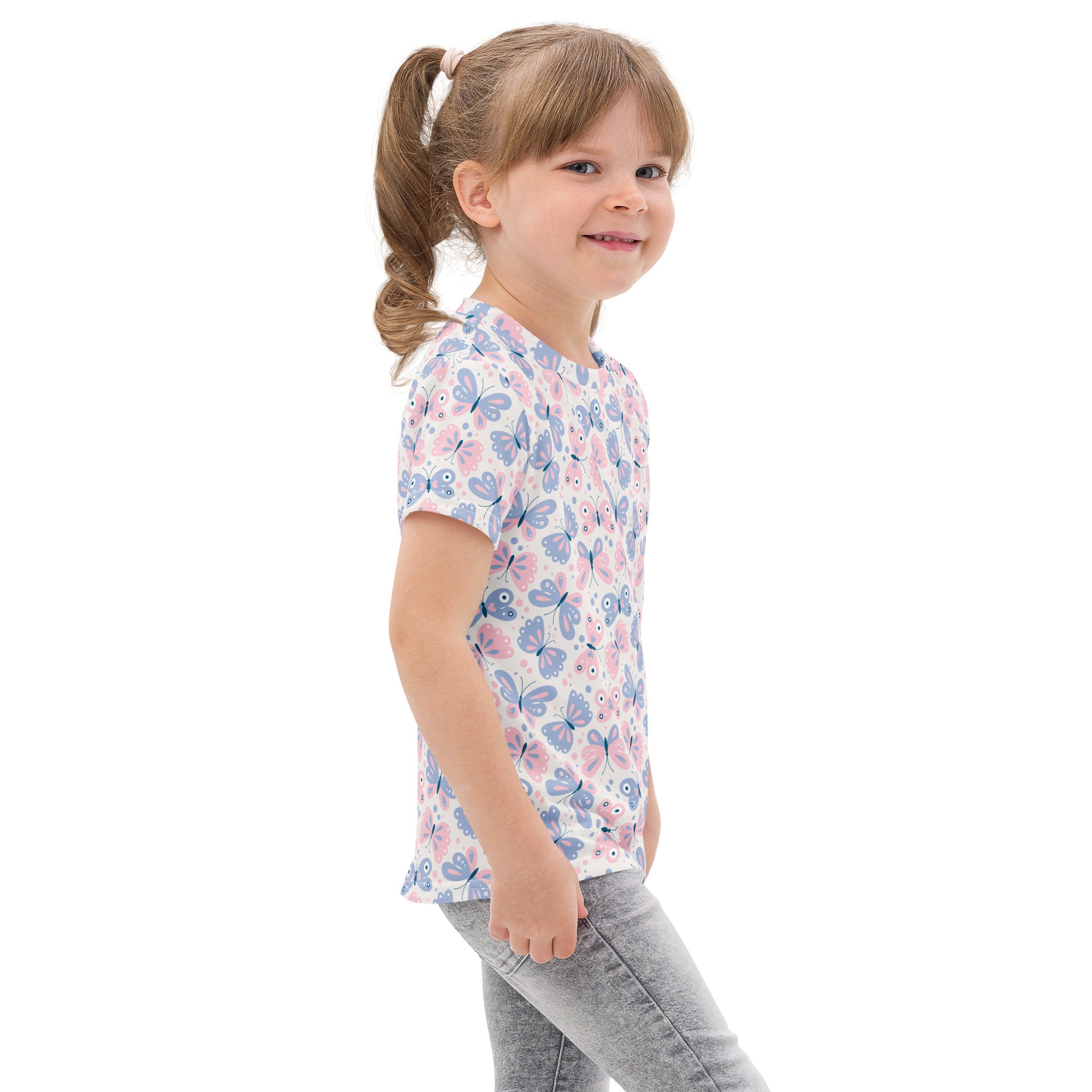 Girls pastel butterfly cotton t-shirt with short sleeves and playful pink and blue butterfly pattern on light background