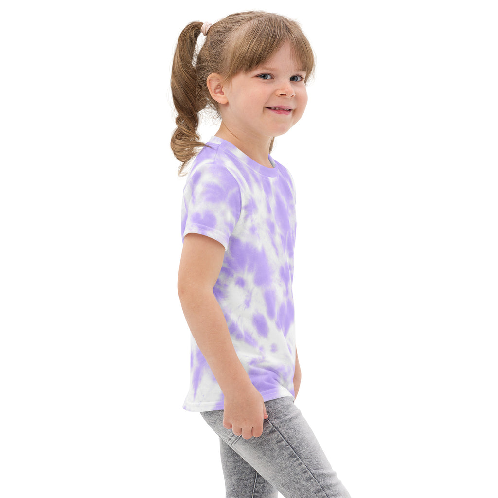 A child wearing a girls purple tie dye cotton t-shirt with lavender and white short sleeves