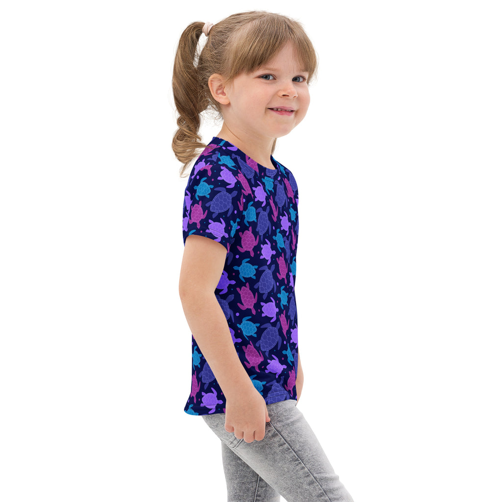 Girls purple sea turtle cotton t-shirt navy blue short-sleeved with playful purple and teal sea turtle pattern