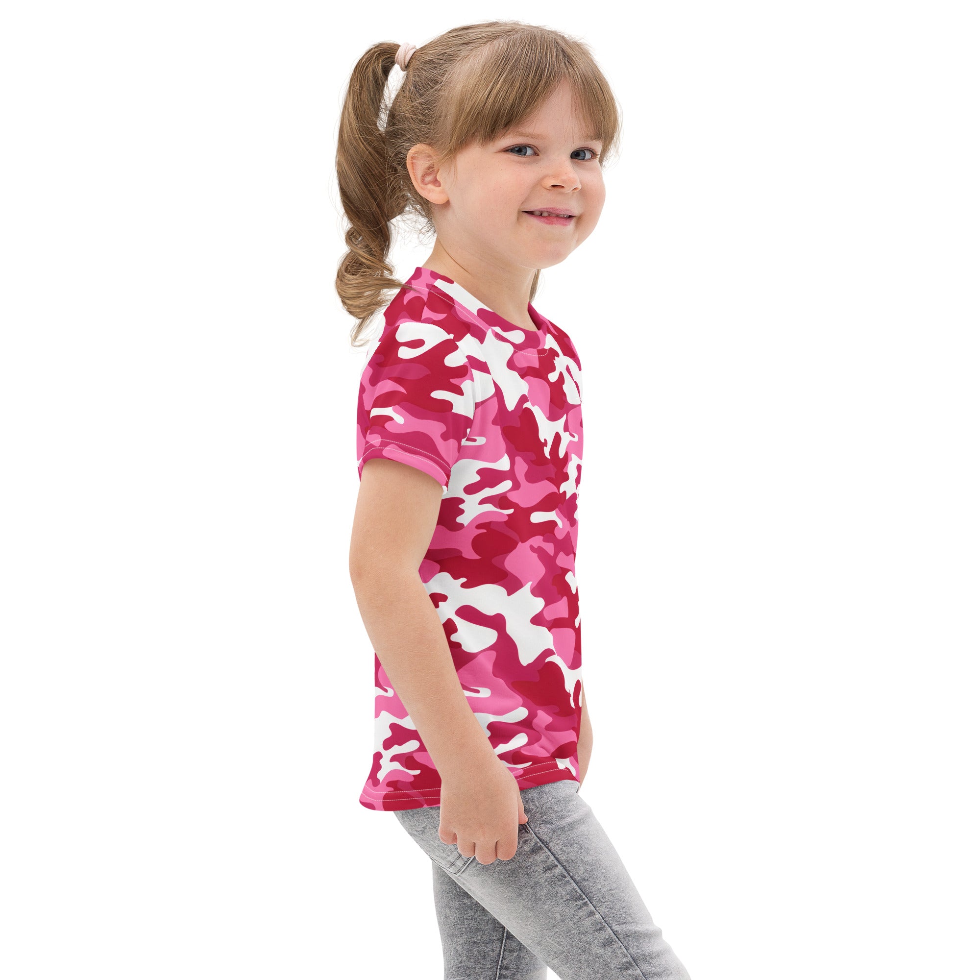 Girls bright pink camouflage cotton t-shirt with pink and white pattern perfect for casual wear