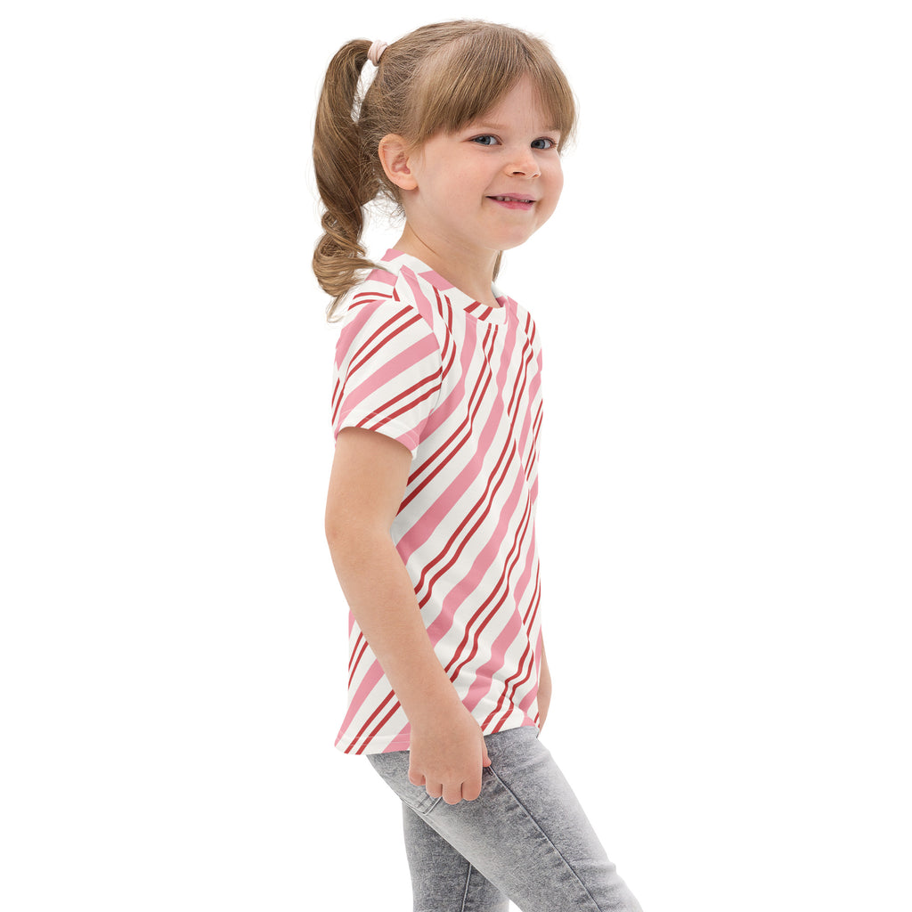 Girls pink candy cane stripes short-sleeved cotton t-shirt with diagonal pink and white stripes for casual wear
