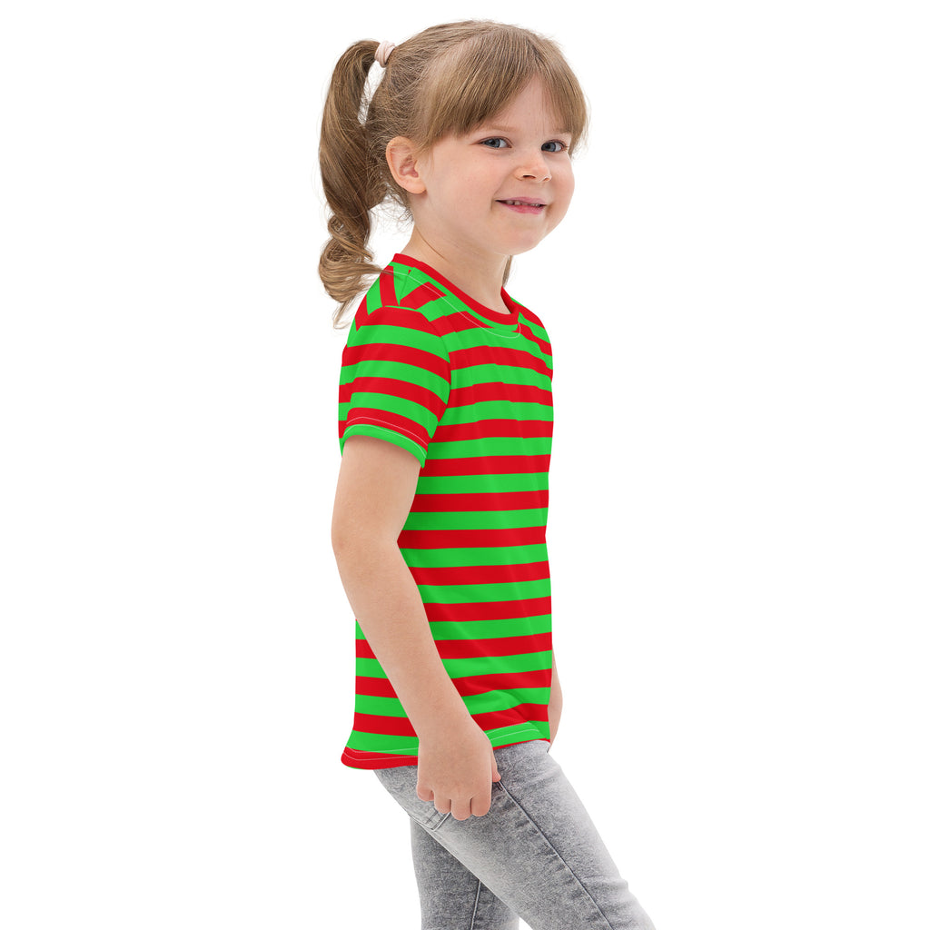A child wearing a kids red and green Christmas striped cotton t-shirt with short sleeves and vibrant horizontal stripes
