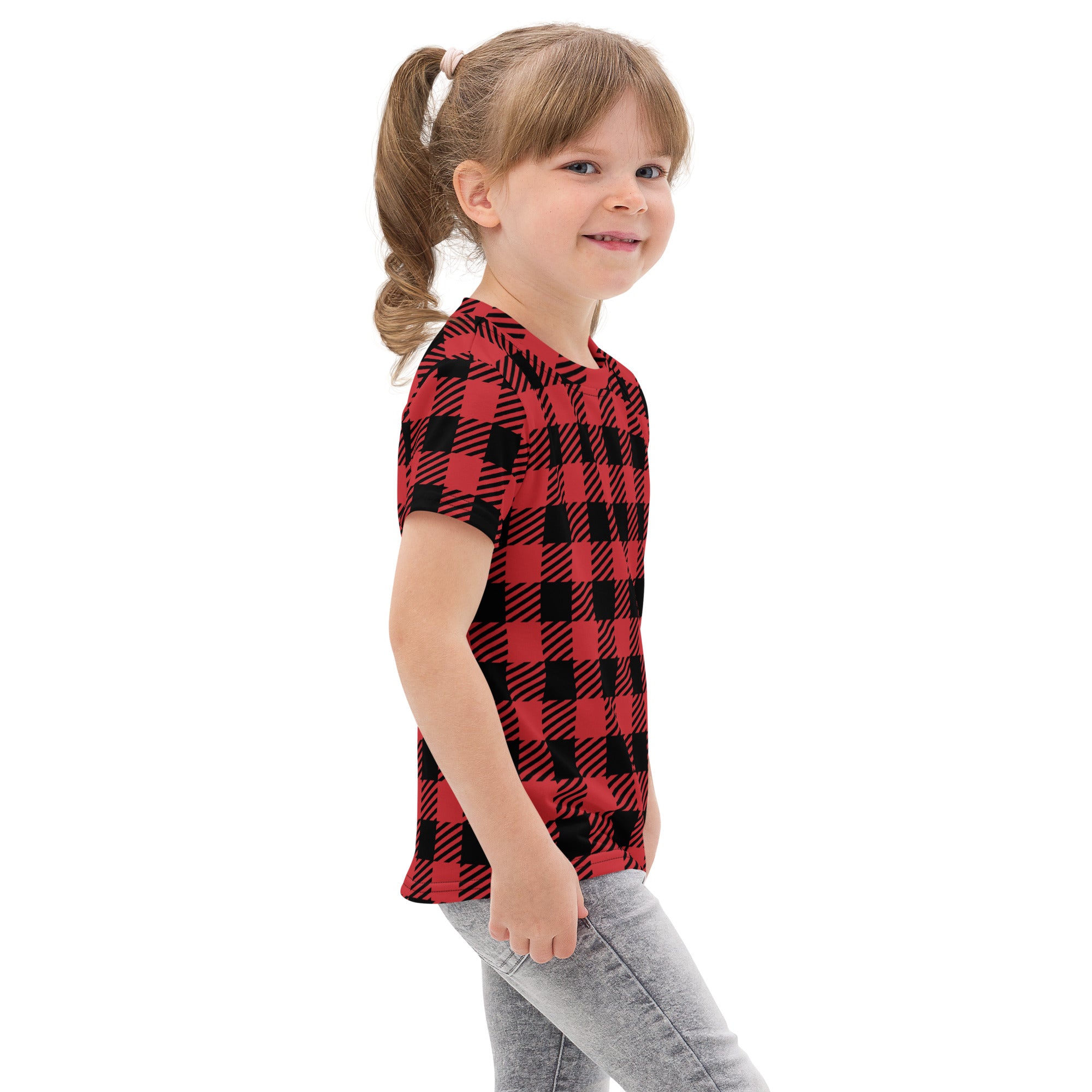Kids red buffalo plaid cotton t-shirt featuring a red and black short-sleeved classic checkered pattern