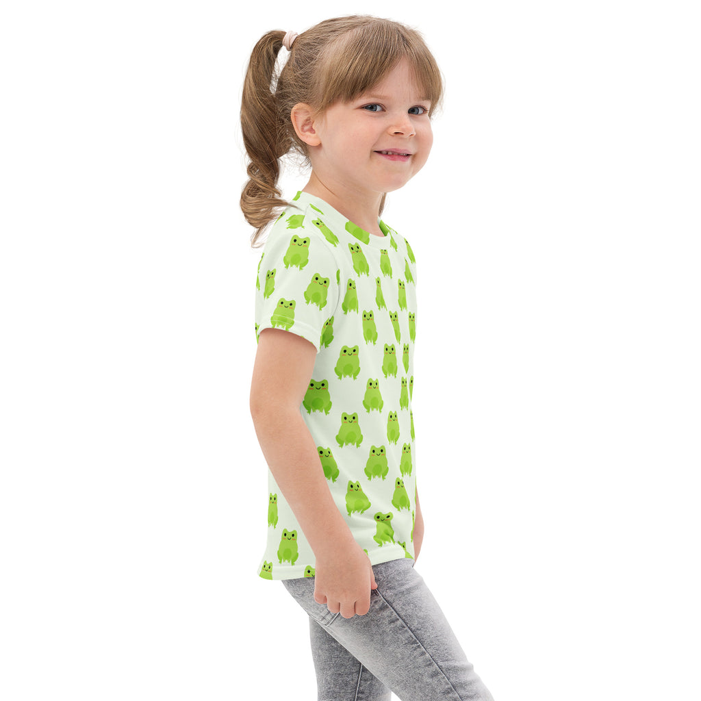 Kids green frogs cotton t-shirt with playful bright lime green frog pattern on light green short sleeves