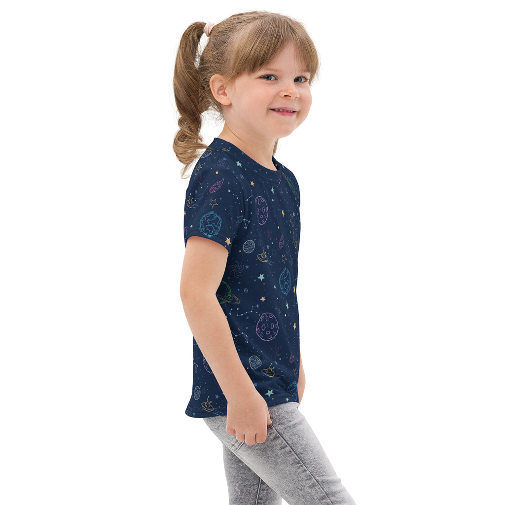 Kids colorful galaxy space cotton t-shirt in navy blue with short sleeves and light teal and gold planet and star print
