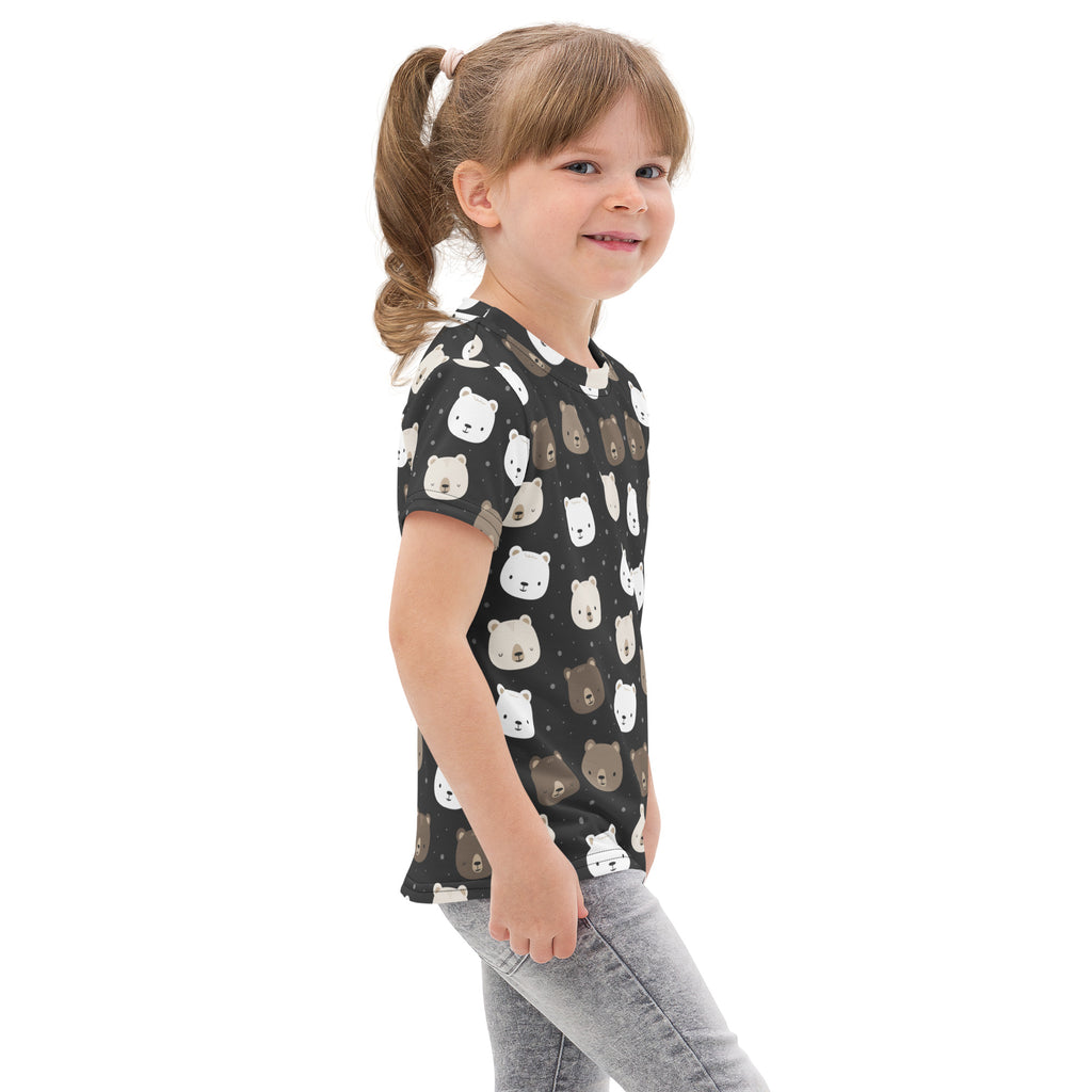 Kids bear face cotton t-shirt with black short sleeves featuring playful white and brown bear faces on dark background