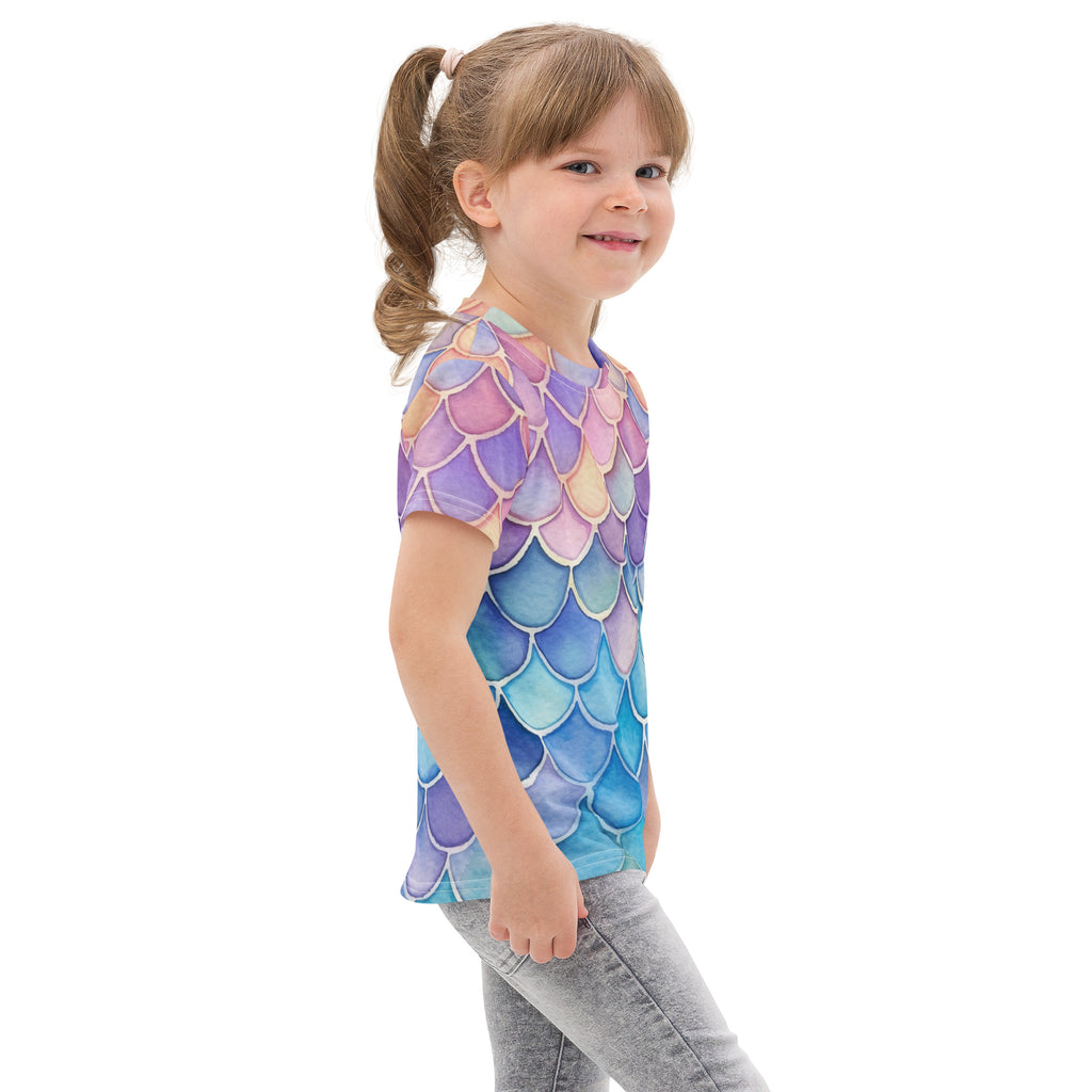 Girls watercolor mermaid cotton t-shirt with vibrant purple pink and blue gradient mermaid scale pattern