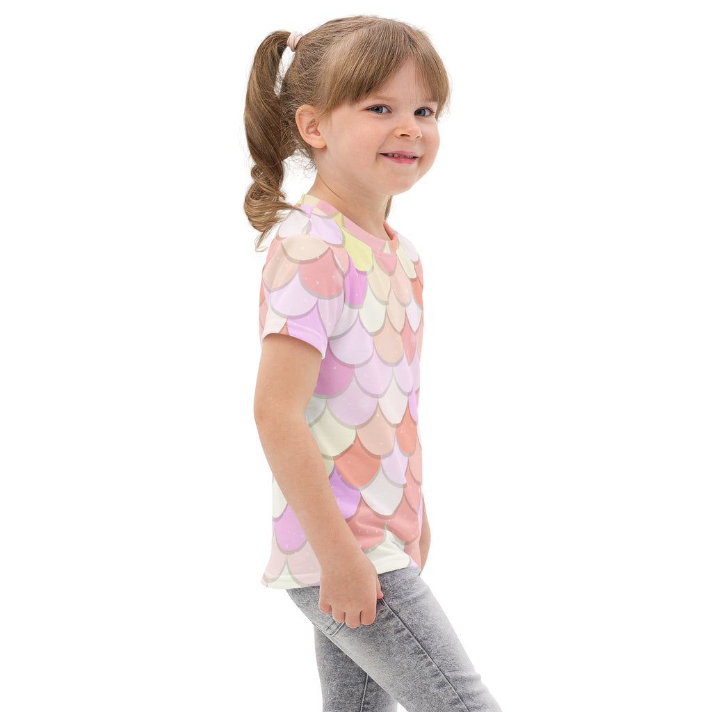 Girls pink cotton t-shirt with pastel-colored mermaid scale pattern and short sleeves for casual wear