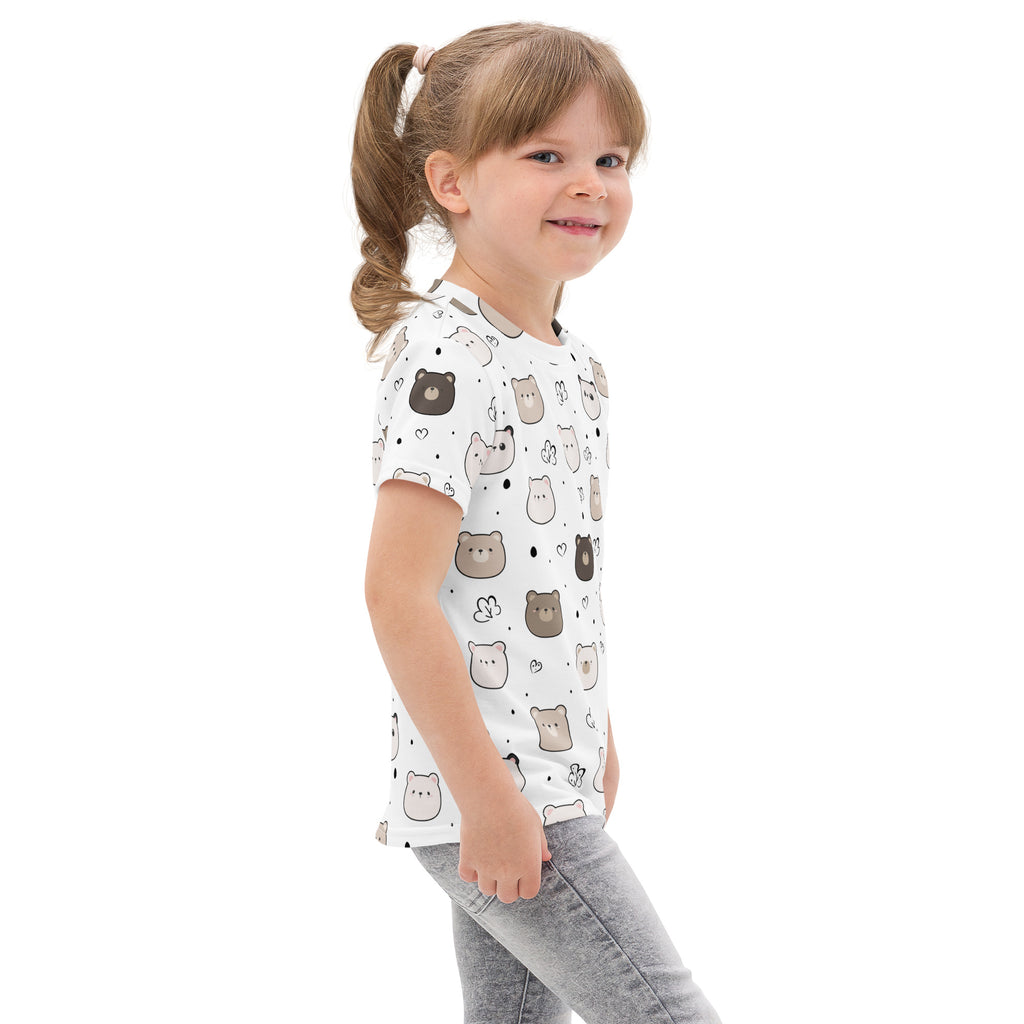 White short-sleeved kids cotton t-shirt with playful cartoon bear faces and black heart accents