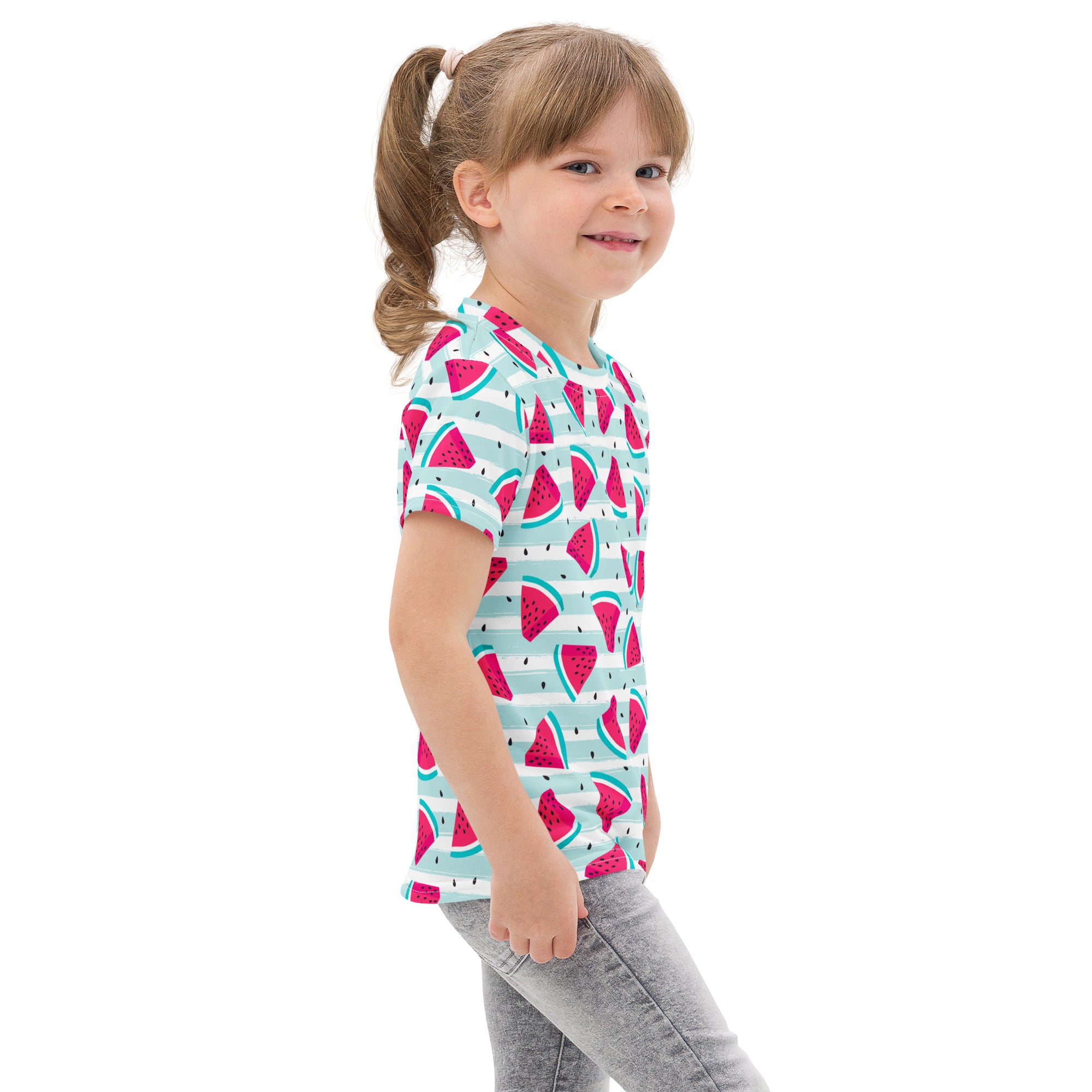 Kids watermelon summer stripes cotton t-shirt with playful pink watermelon slices on light blue and white striped background