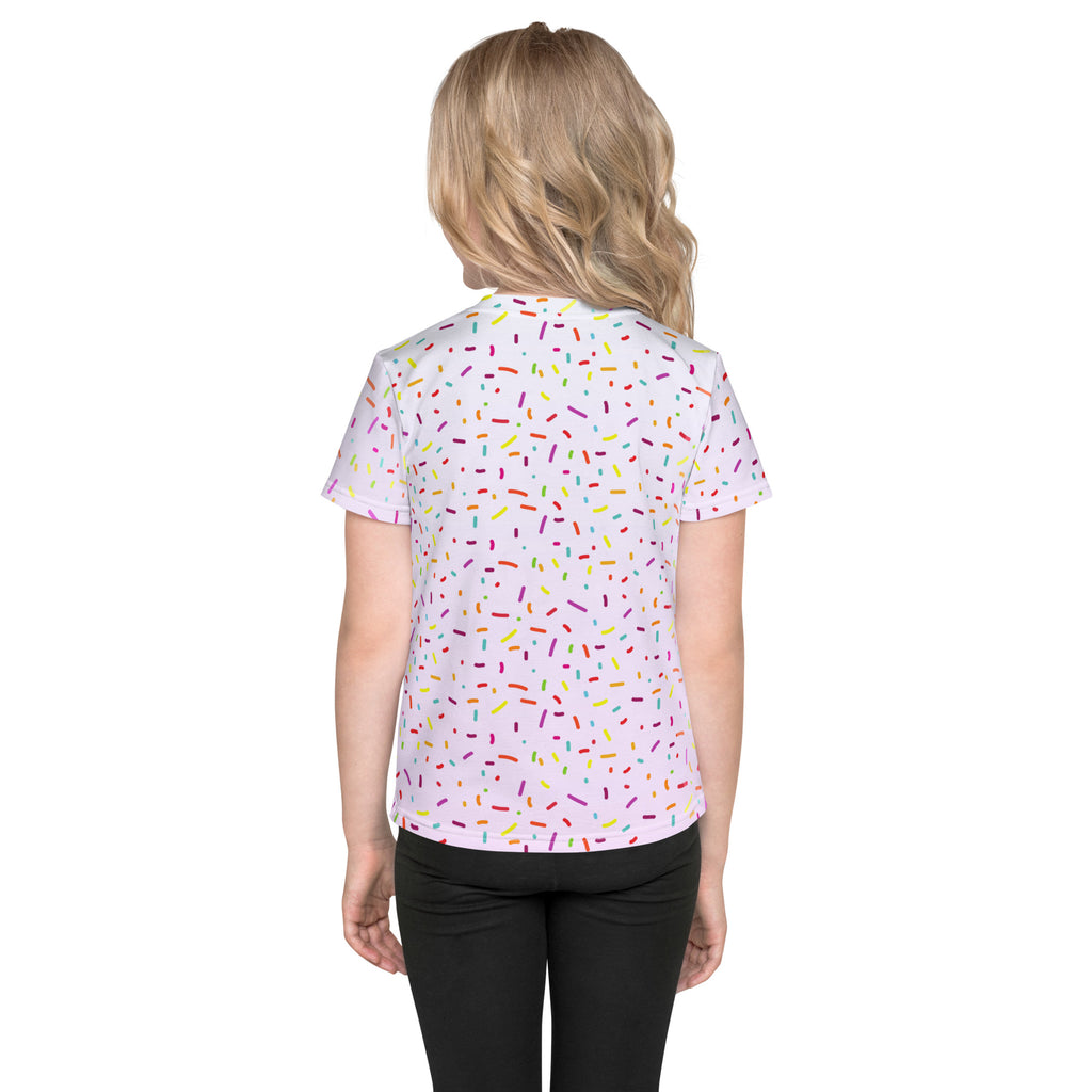 A white short-sleeved girls t-shirt with colorful sprinkles pattern for custom age birthday celebrations