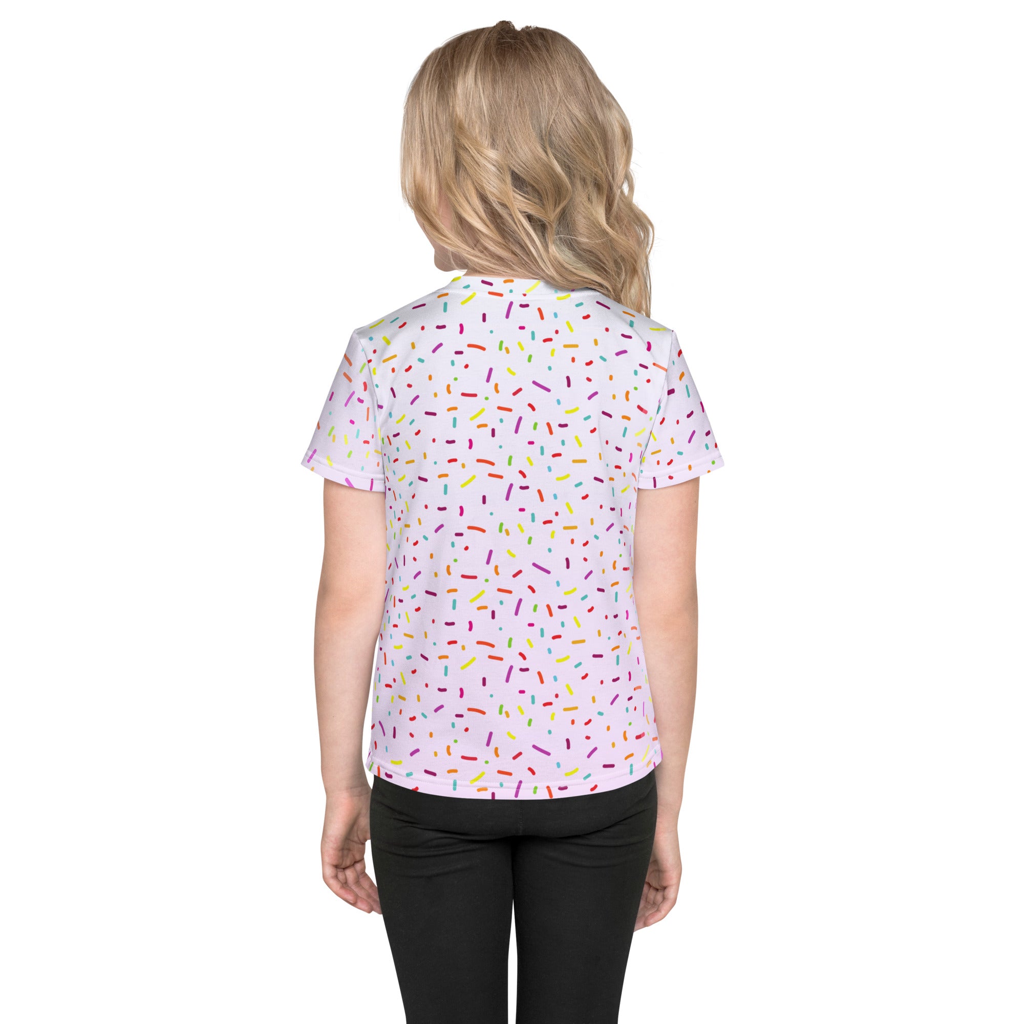 A white short-sleeved girls t-shirt with colorful sprinkles pattern for custom age birthday celebrations