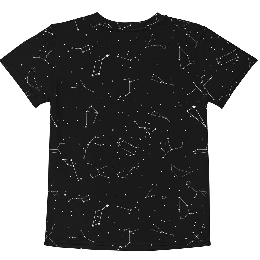 Kids realistic constellations black short-sleeved t-shirt with white constellation pattern on soft fabric