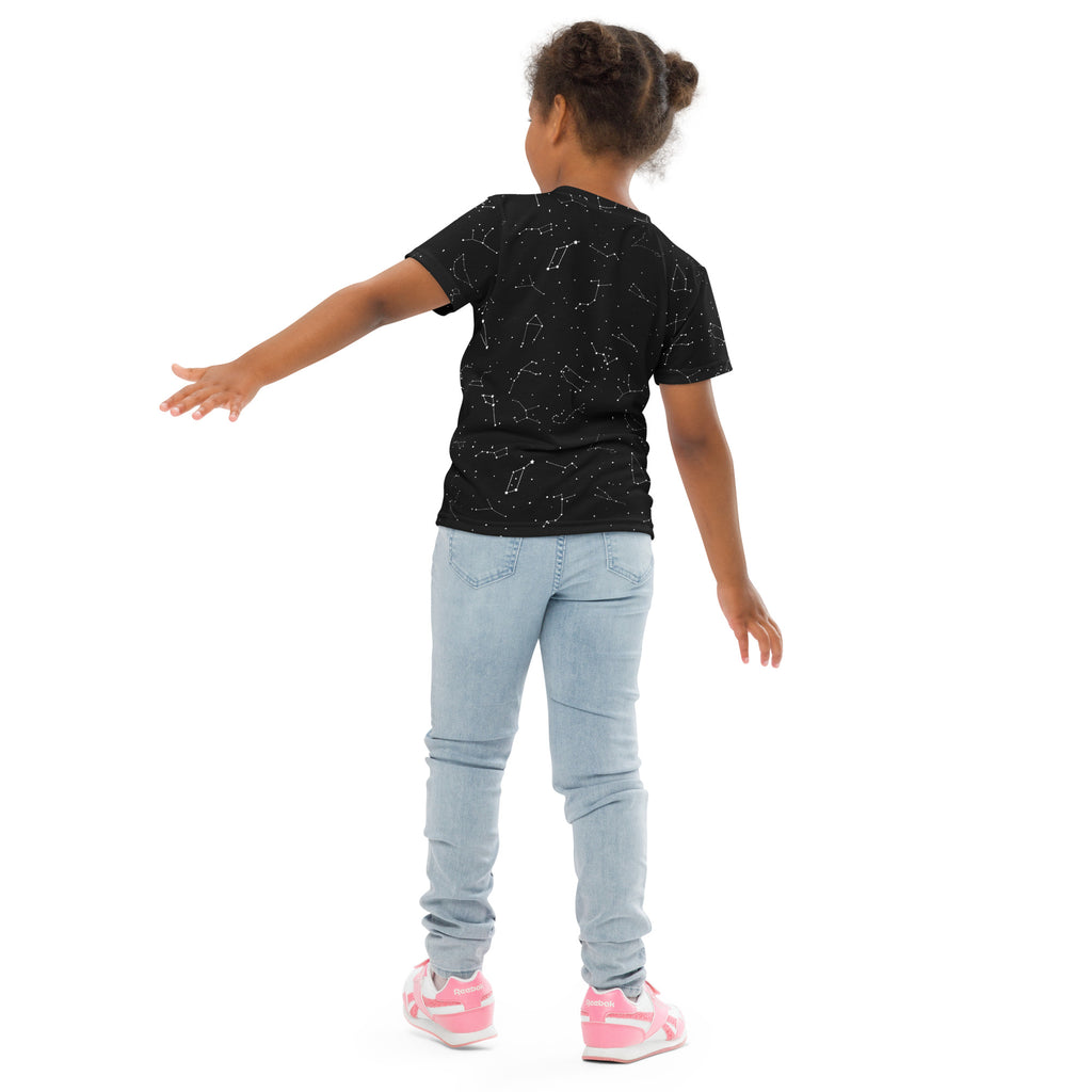 Black kids t-shirt with white star and constellation patterns featuring realistic space designs