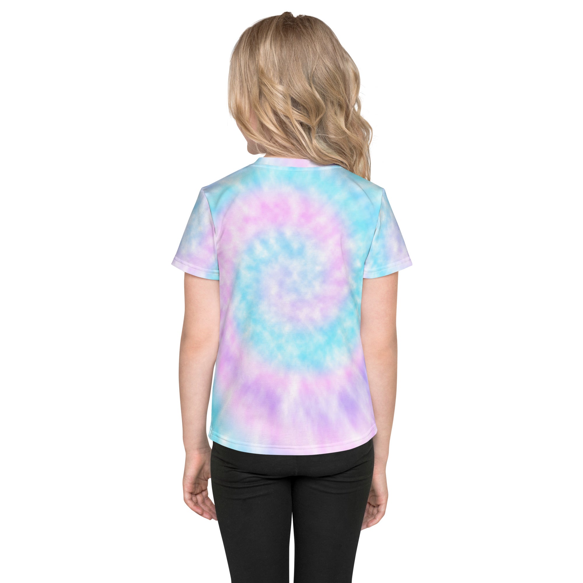Girls pastel faux tie dye short-sleeved t-shirt with swirling light blue pink and lavender patterns for birthday wear