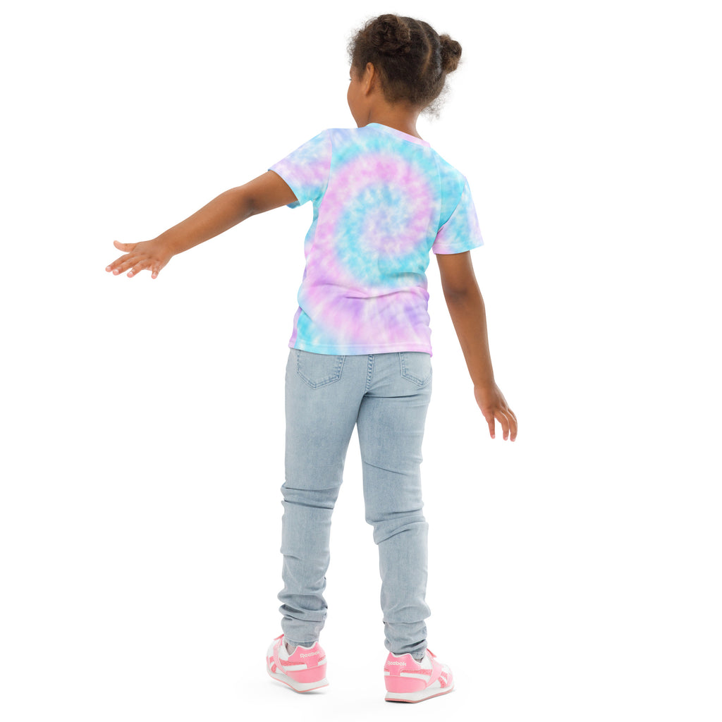 A child wearing a girls faux tie dye custom age birthday t-shirt in vibrant pink purple and light blue swirling patterns