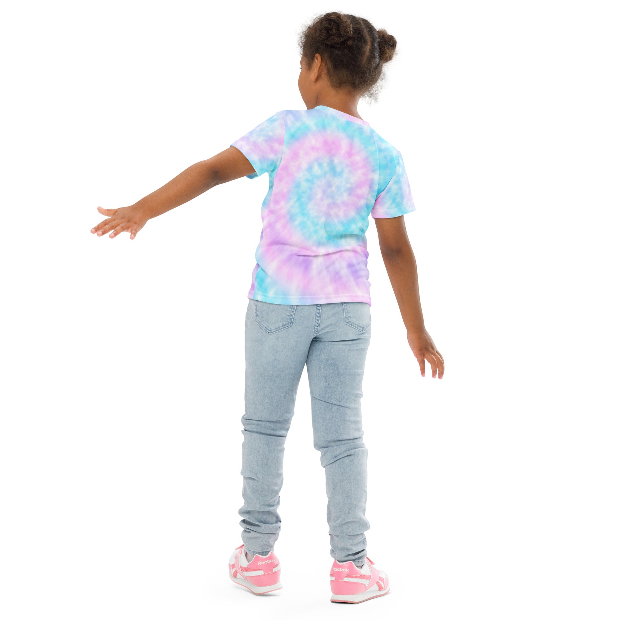 A child wearing a girls faux tie dye custom age birthday t-shirt in vibrant pink purple and light blue swirling patterns
