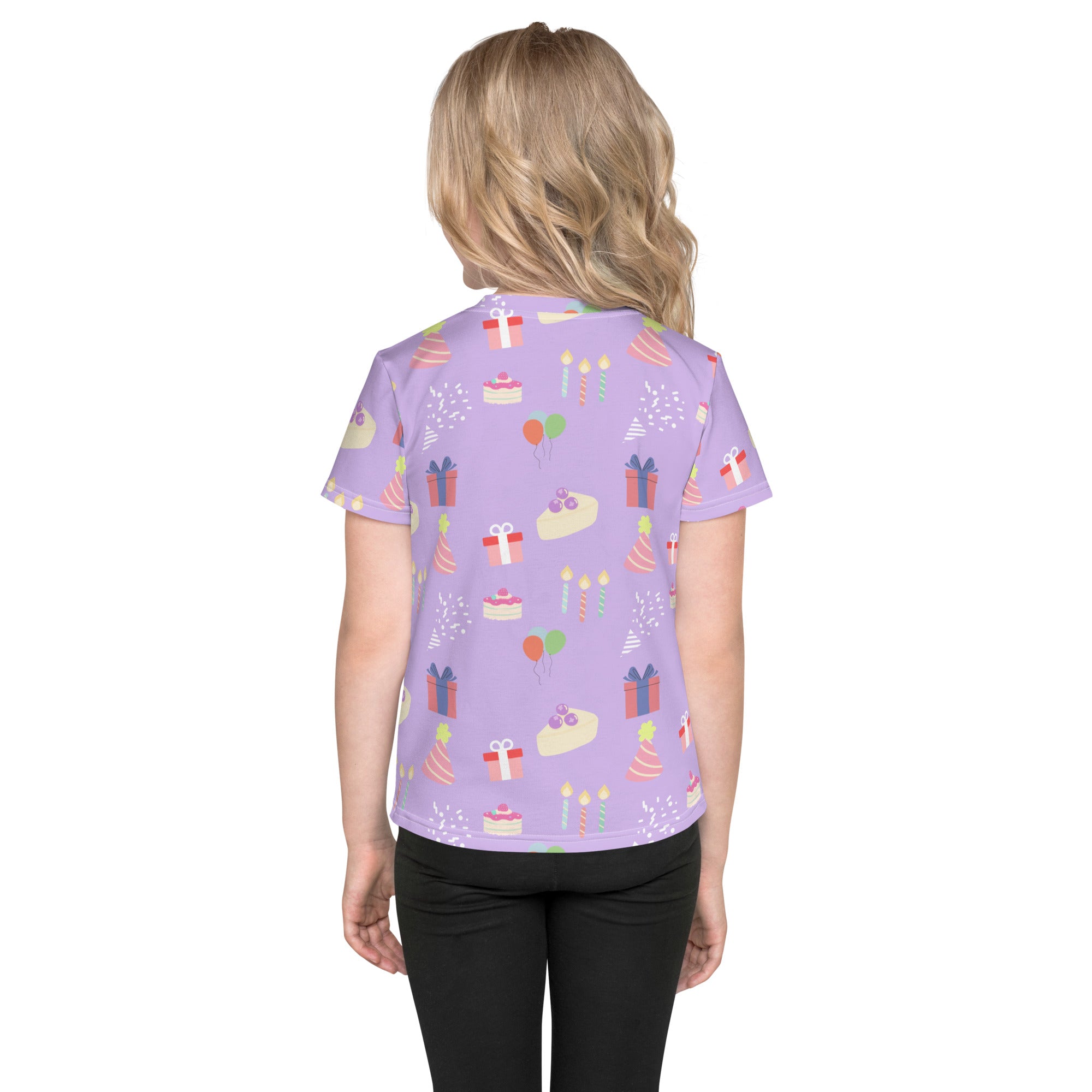 Girls birthday pattern t-shirt with playful birthday cake gift and balloon print on a lavender short-sleeved shirt