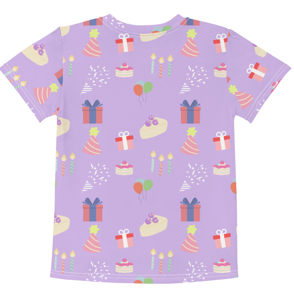 Girls birthday pattern t-shirt lavender short-sleeved cotton tee with playful birthday-themed all-over print