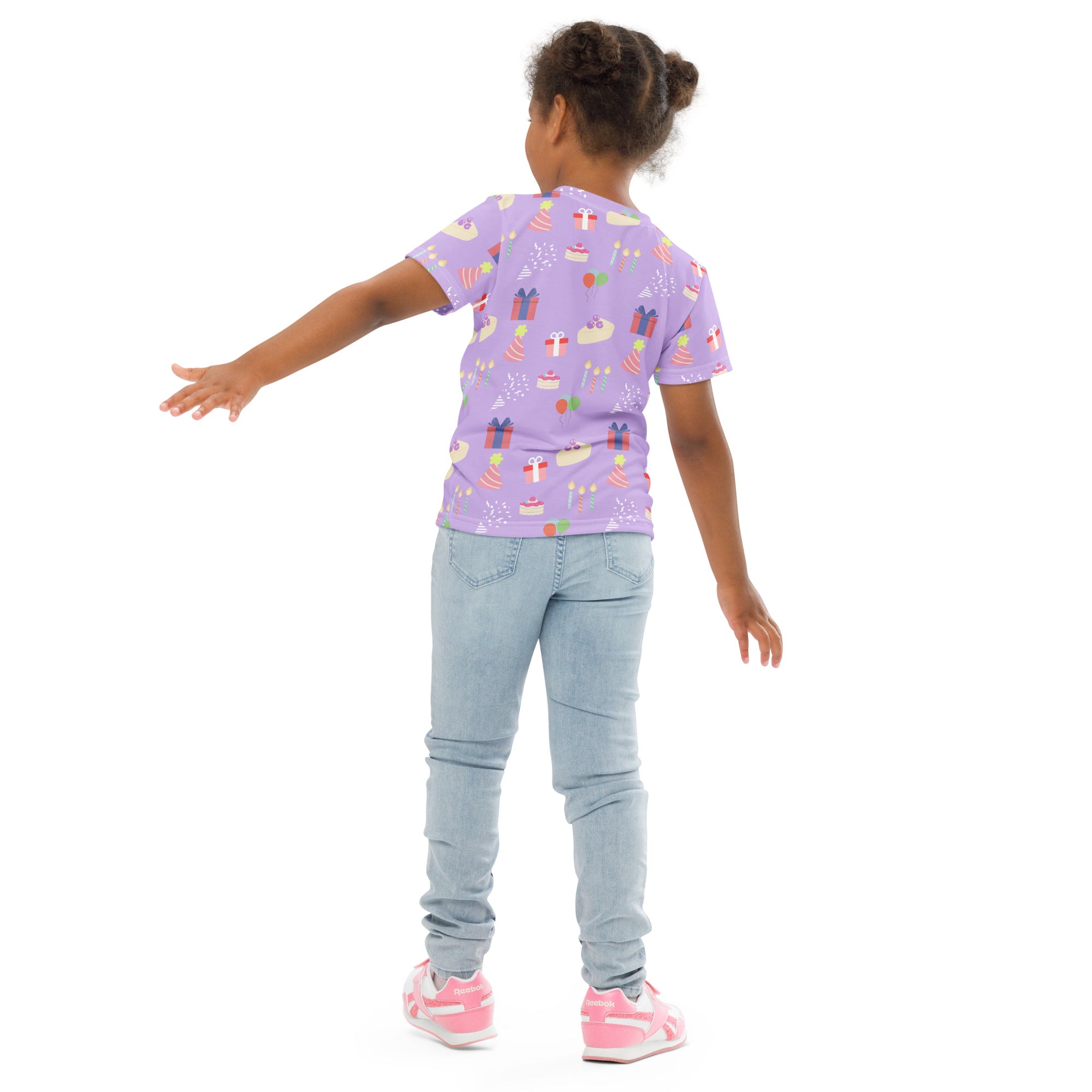 Girls birthday pattern t-shirt in lavender with short sleeves featuring cakes gifts and party decorations design