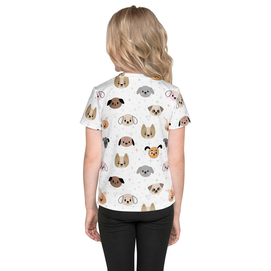 White short-sleeved kids dog face t-shirt with playful cartoon dog patterns in brown gray and tan colors