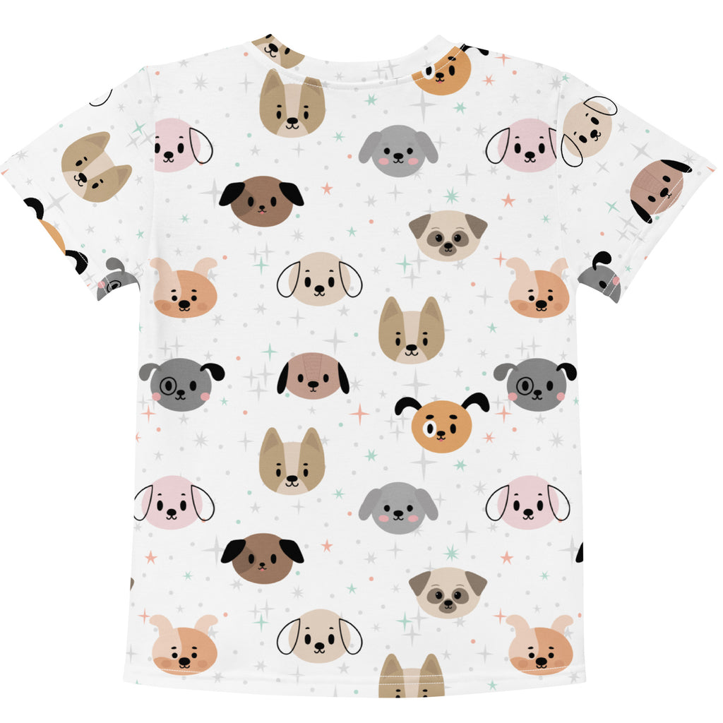 Kids dog face t-shirt white cotton with playful all over cartoon dog print in pastel pink beige and gray colors